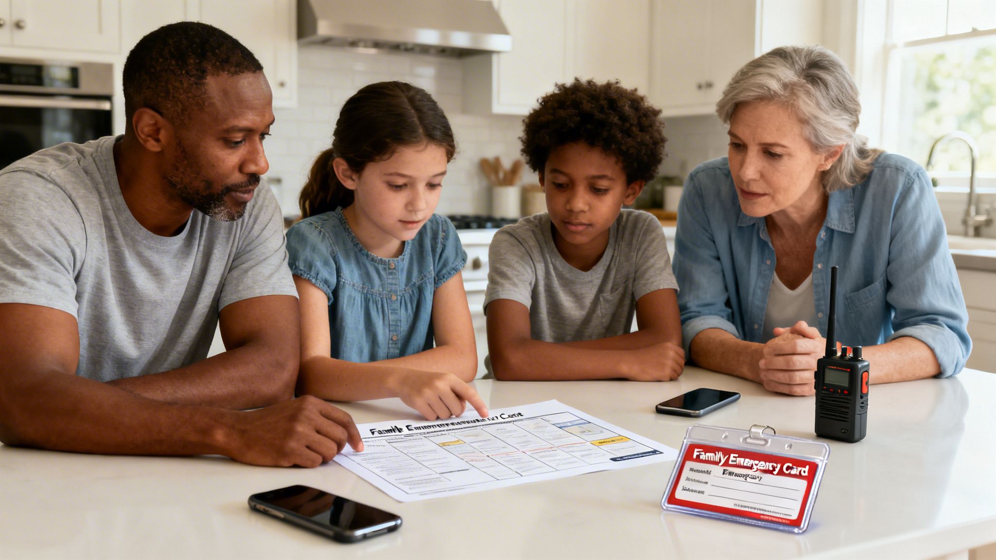 A diverse family, including adults and children, reviews a family emergency communication plan document together in a kitchen.