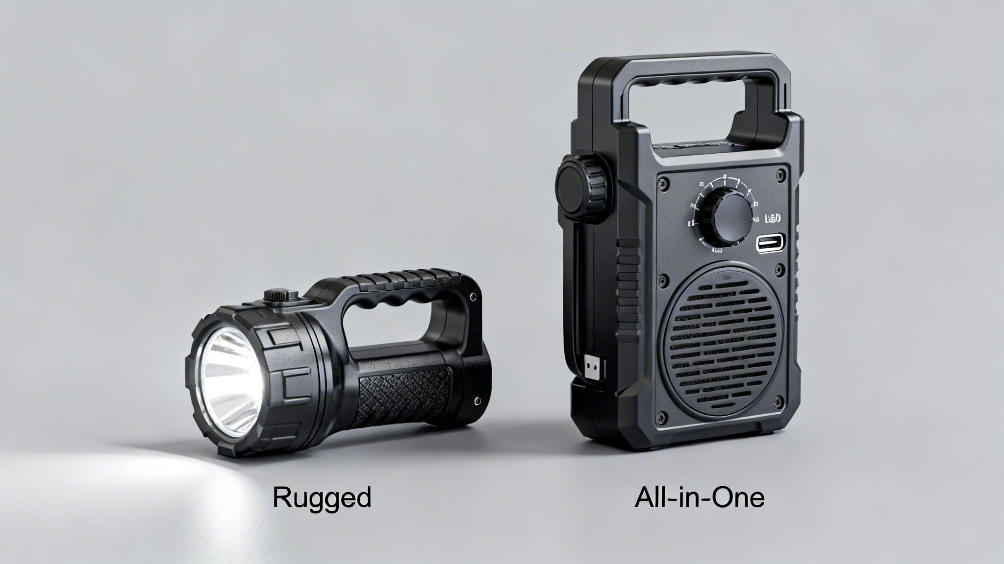 Two black rugged devices: a powerful flashlight with a bright beam and an all-in-one radio/speaker.