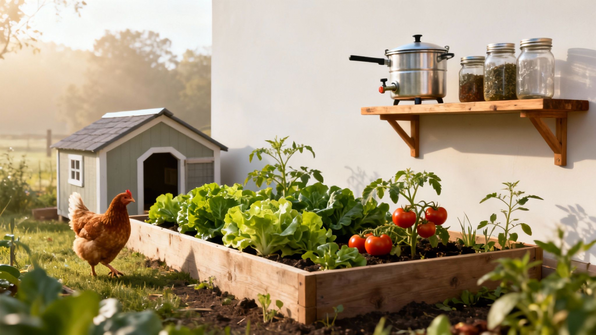 A chicken and coop in a rustic garden with a raised bed of lettuce and tomatoes, and a shelf.