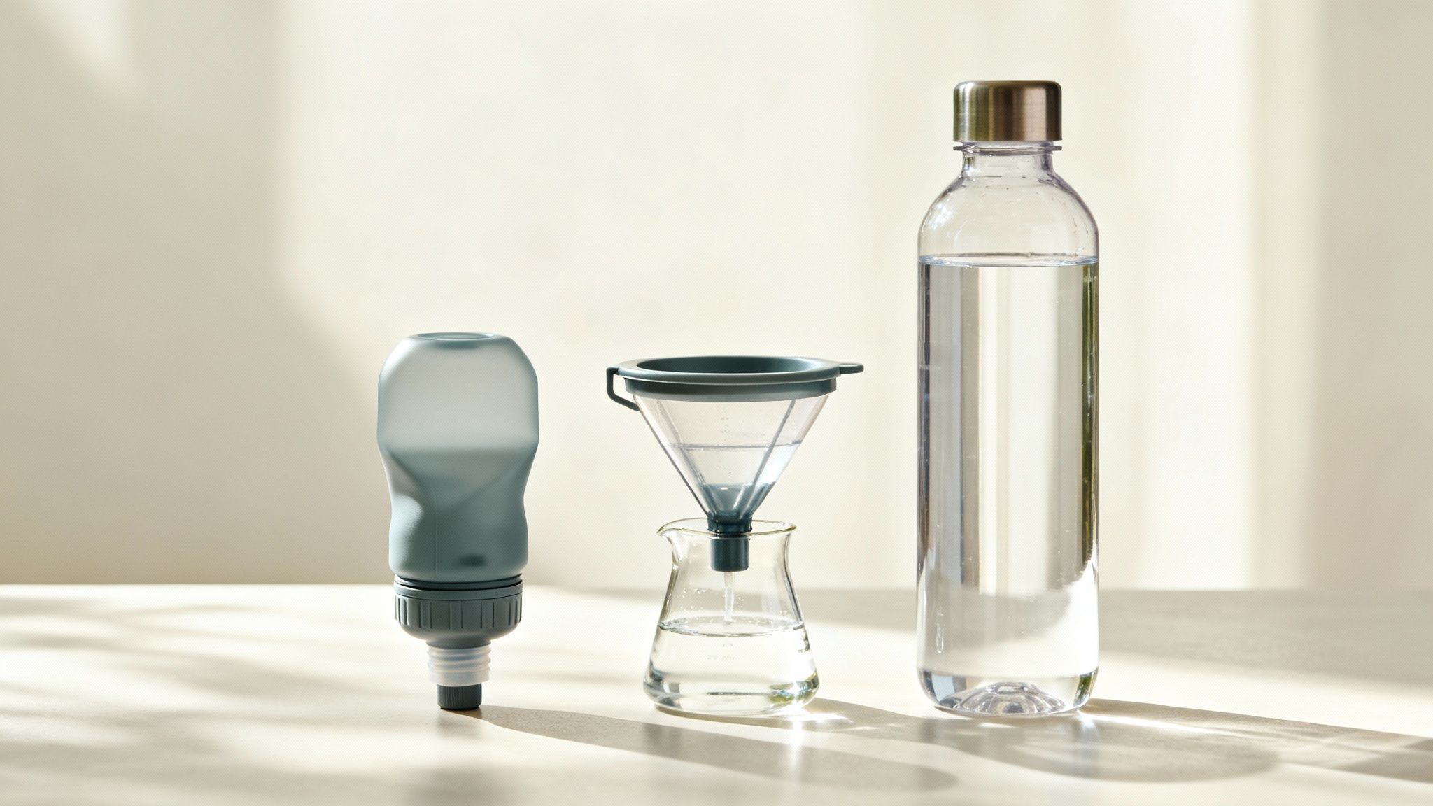 Various water purification and storage tools: a collapsible bottle, a funnel filter, and a clear water bottle.