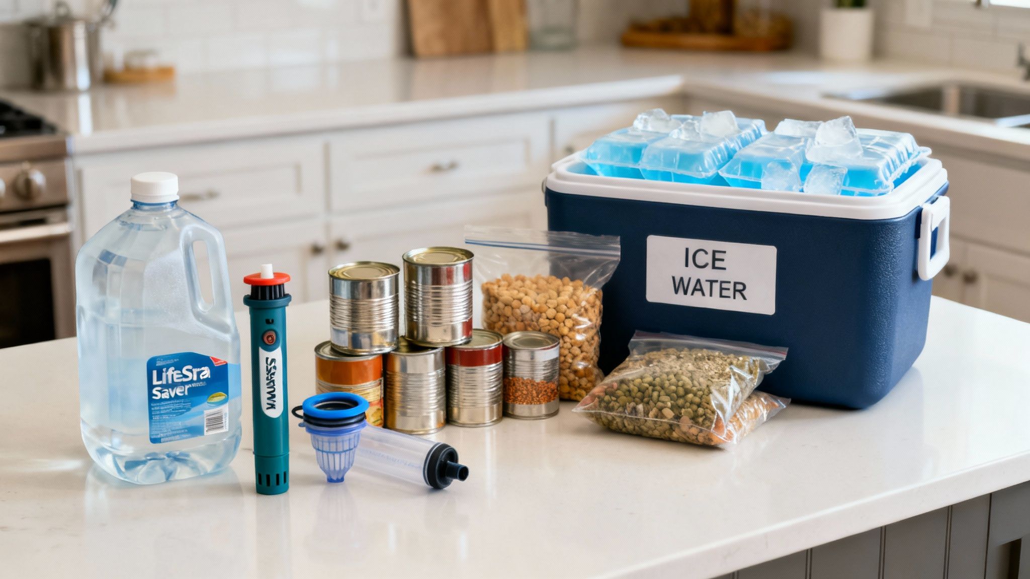 A comprehensive display of emergency supplies: bottled water, water filter, canned goods, dried legumes, and a cooler with ice.