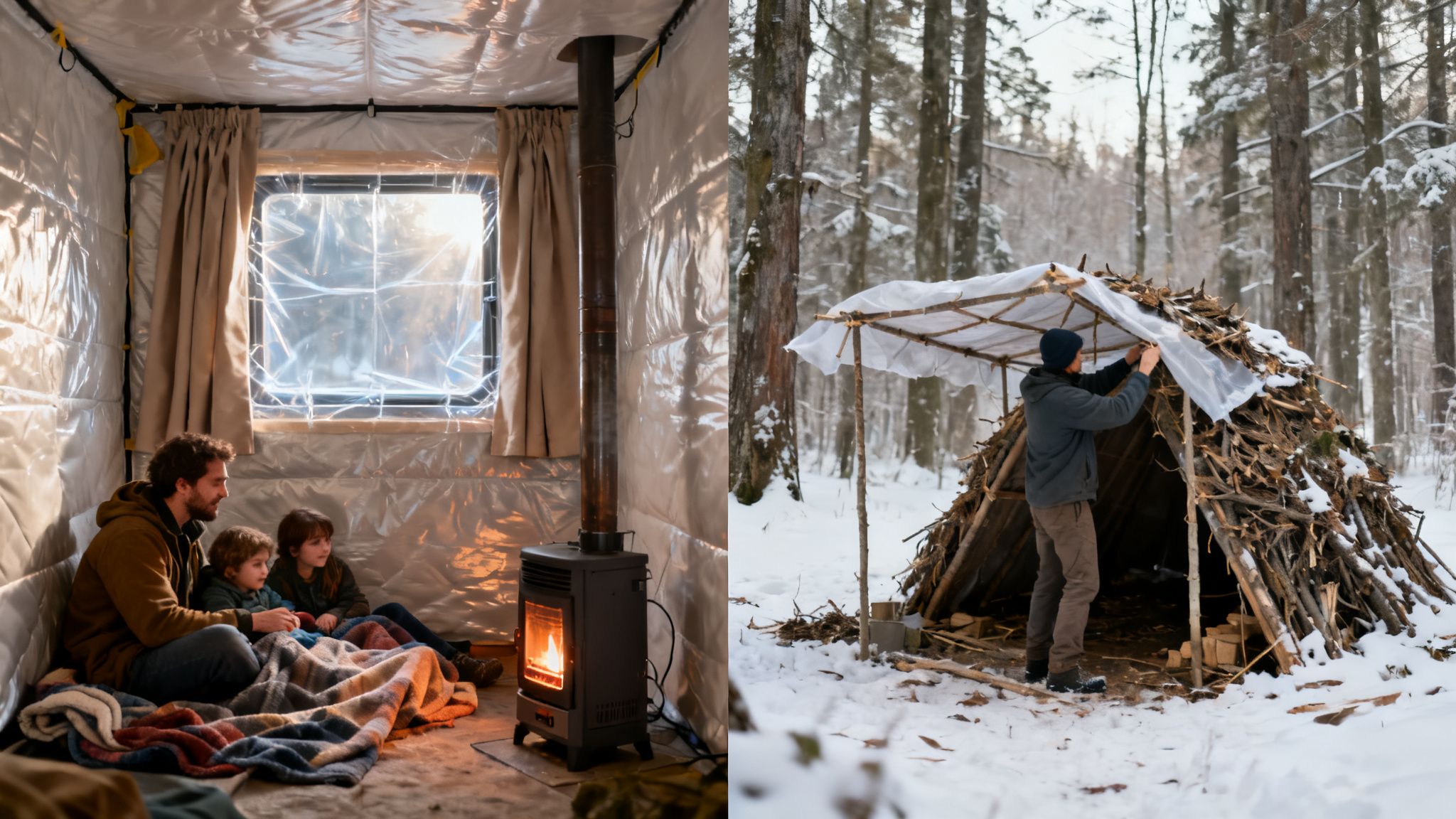 A split image showing a family in a warm indoor shelter and a man building an outdoor shelter in a snowy forest.
