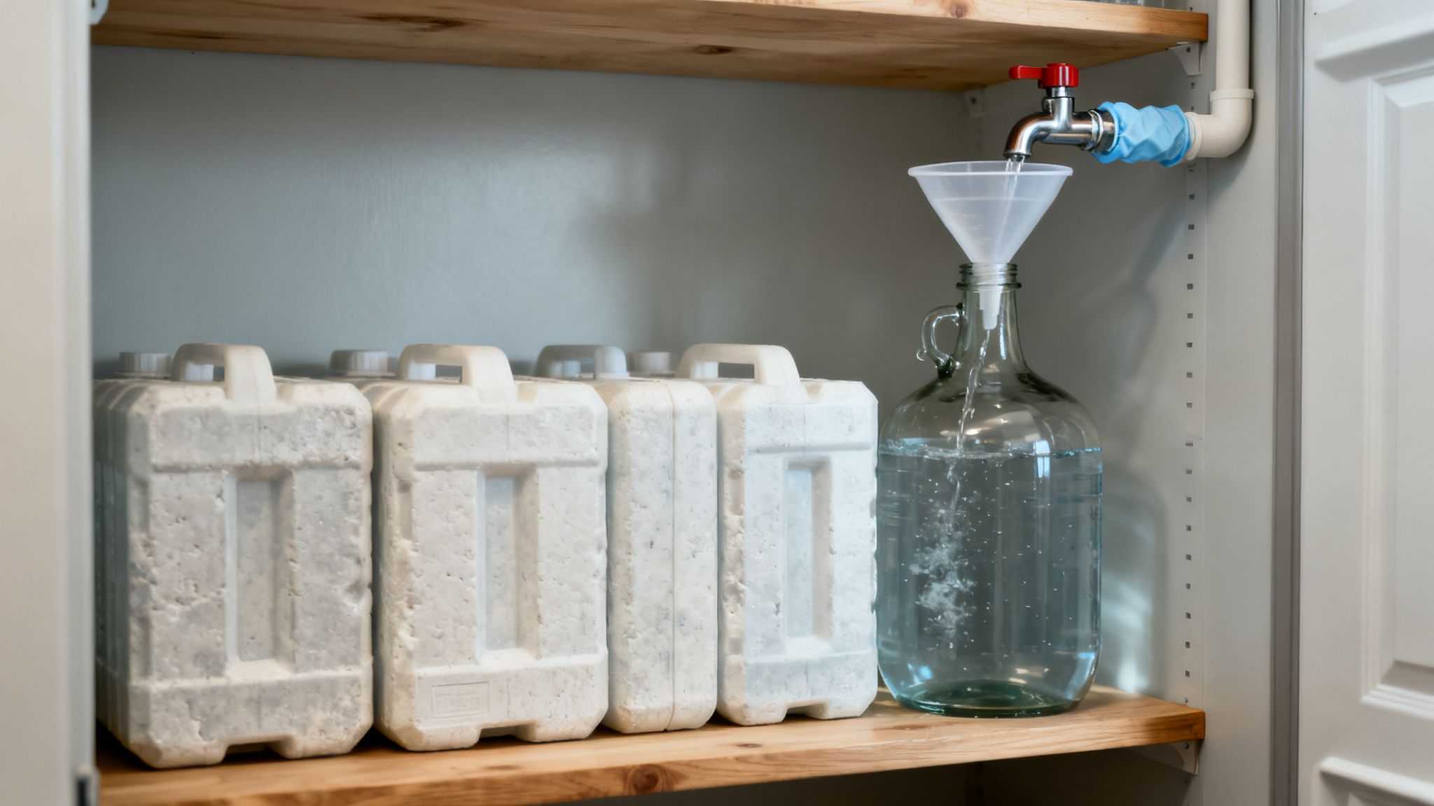Water flowing into a large glass jug through a funnel from a tap, next to white water containers on a wooden shelf.