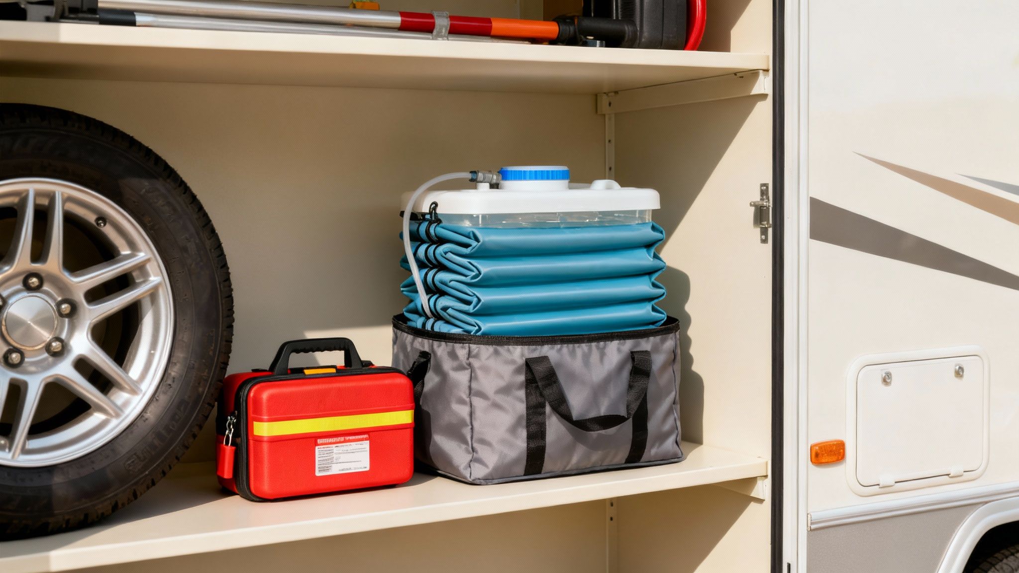 A spare tire, red first aid kit, and collapsible blue water tank stored in an RV compartment.