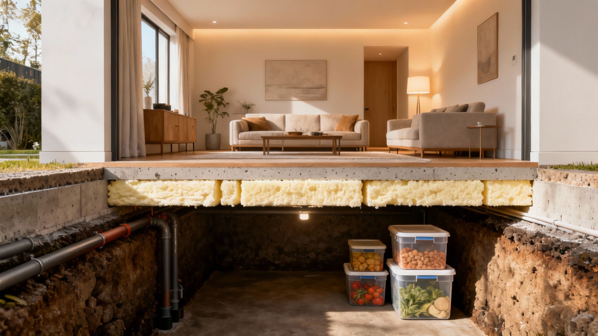 Modern living room above an insulated floor, with an underground cellar storing fresh food.
