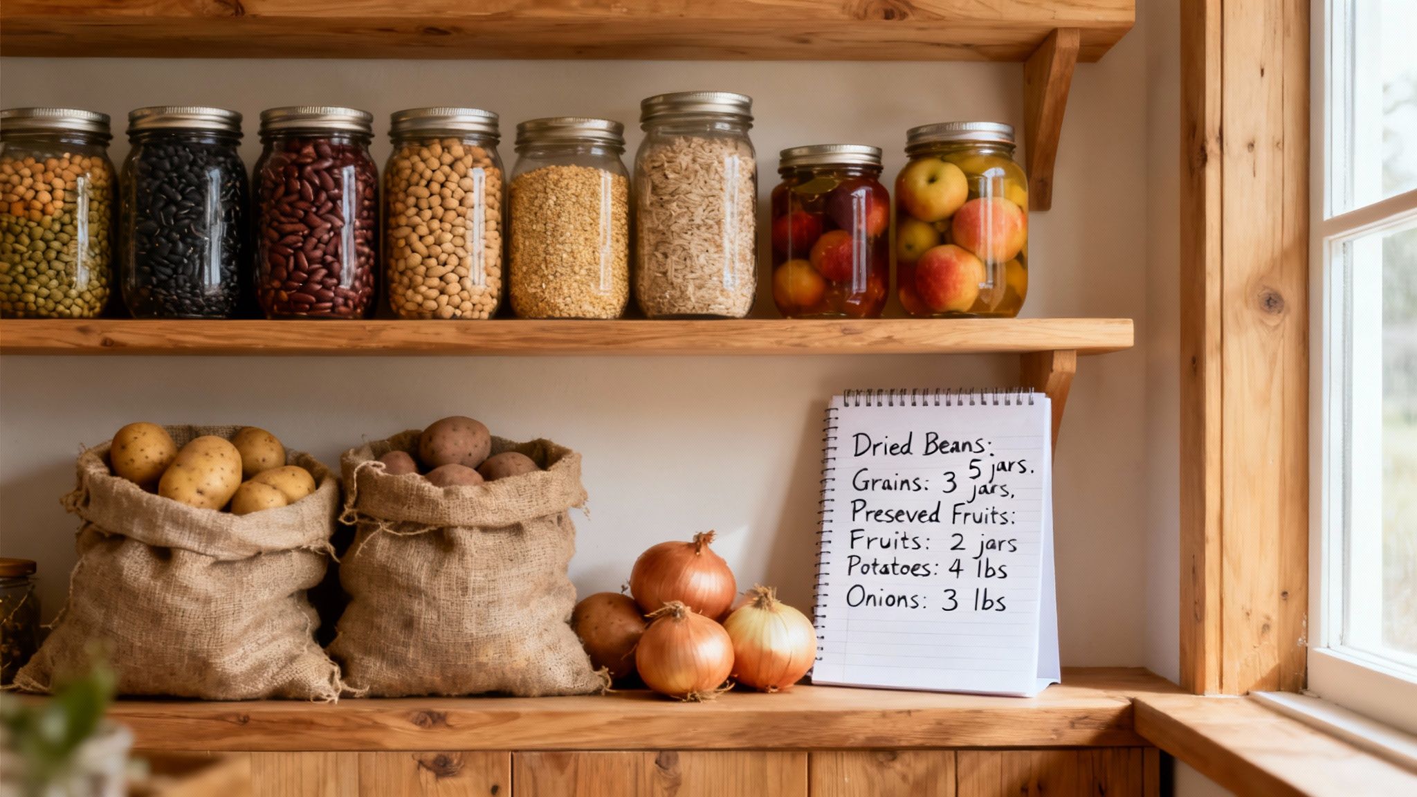 A well-stocked pantry shelf with jars of beans and grains, sacks of potatoes and onions, and a food inventory list.