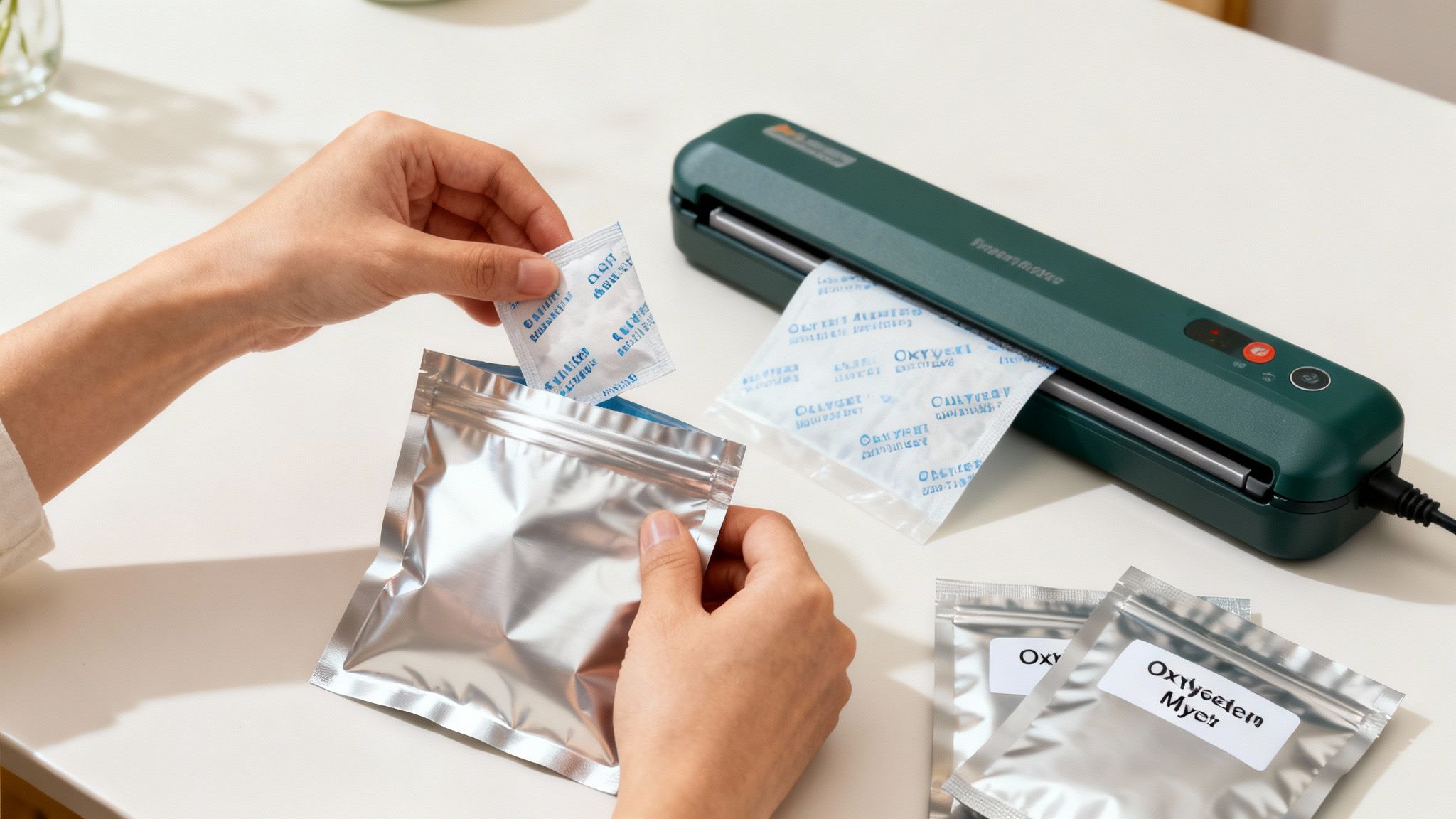 Person's hands placing oxygen absorbers into silver food storage pouches with a vacuum sealer.