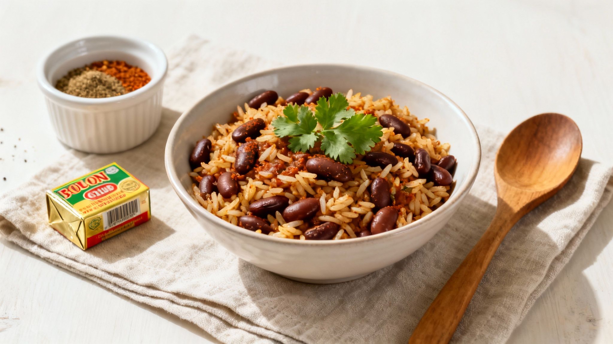 A hearty bowl of rice and red beans with cilantro, accompanied by spices, a bouillon cube, and a spoon.