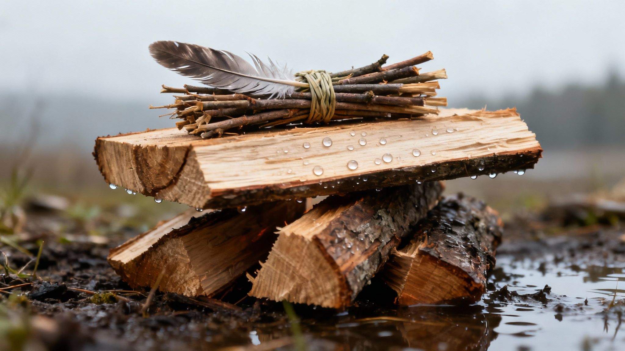 Wet firewood and a bundle of kindling sticks with a feather, reflecting survival.
