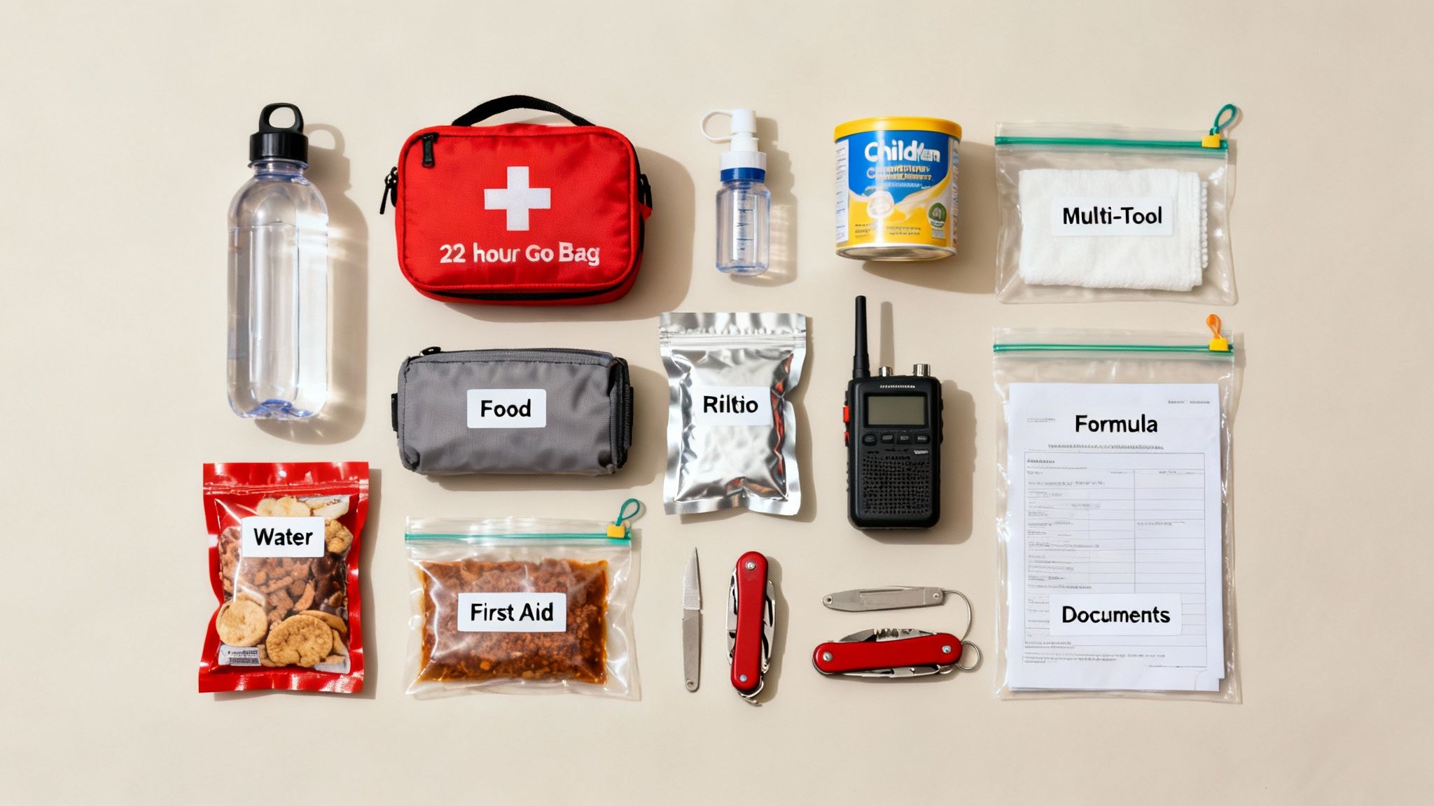 A flat lay of an emergency preparedness kit, including water, food, first aid, documents, and tools.