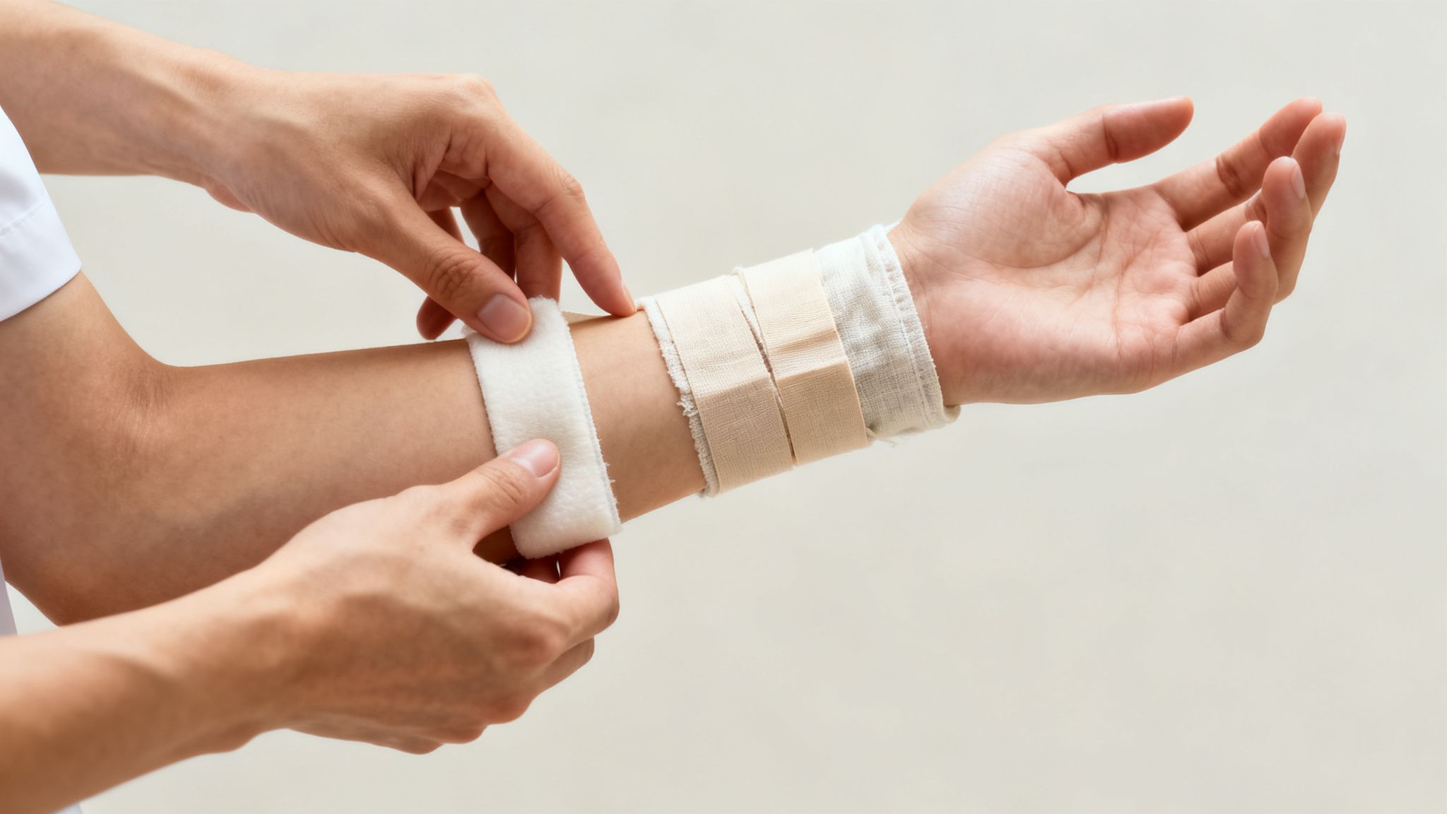 A person's hands carefully wrap a medical bandage around another person's wrist.
