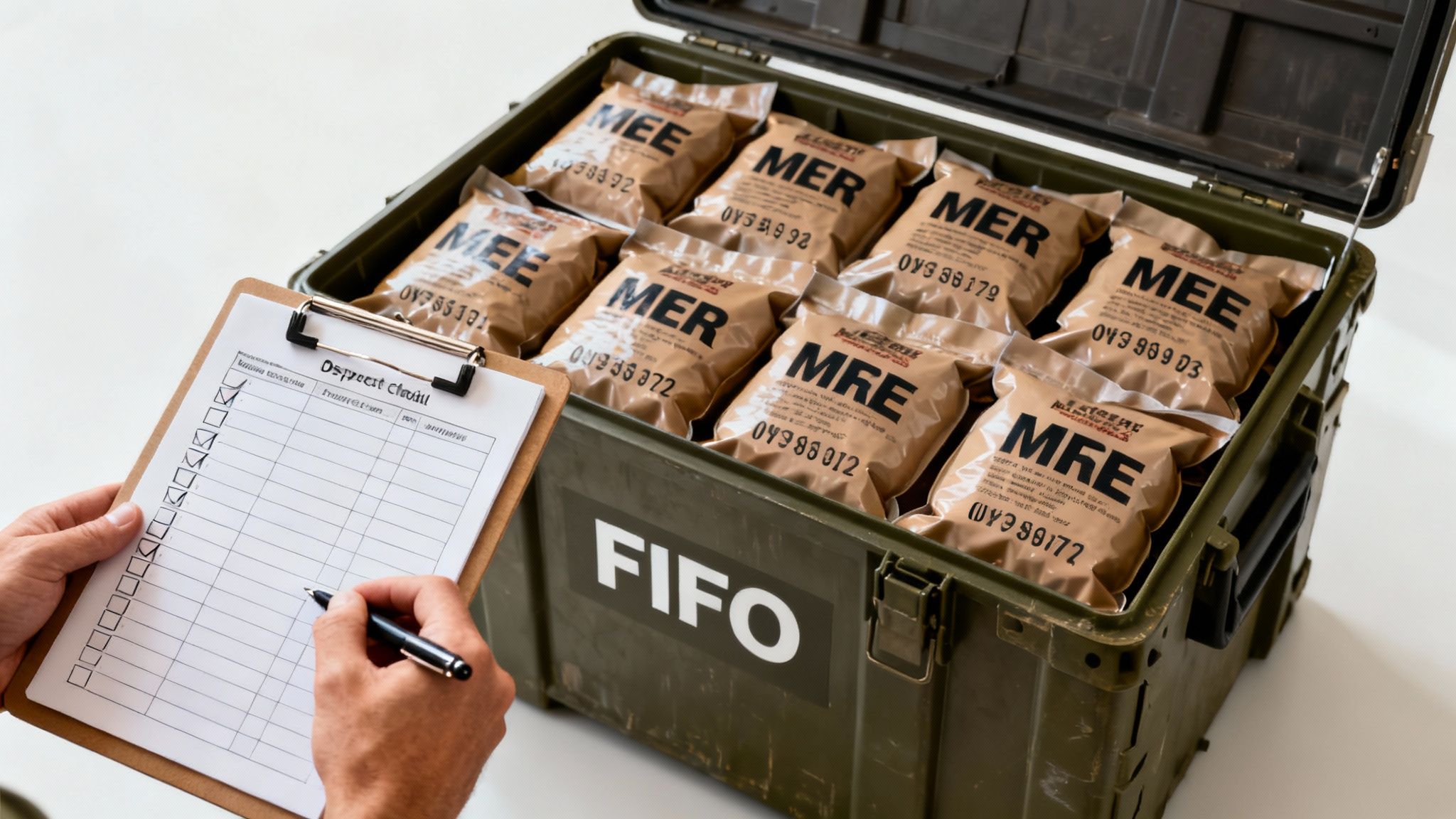 A person checks a checklist next to an open green crate filled with MRE and MER food rations.