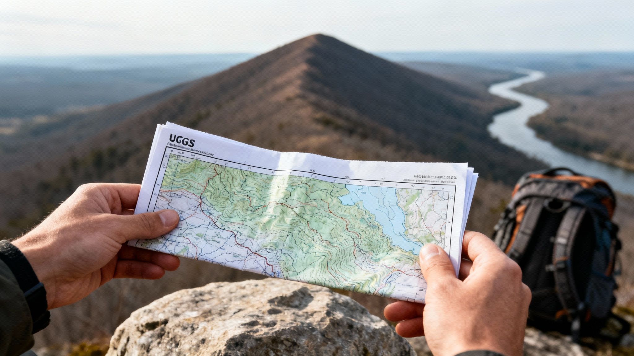 A hiker holds a topographic map, overlooking a scenic mountain ridge and winding river.