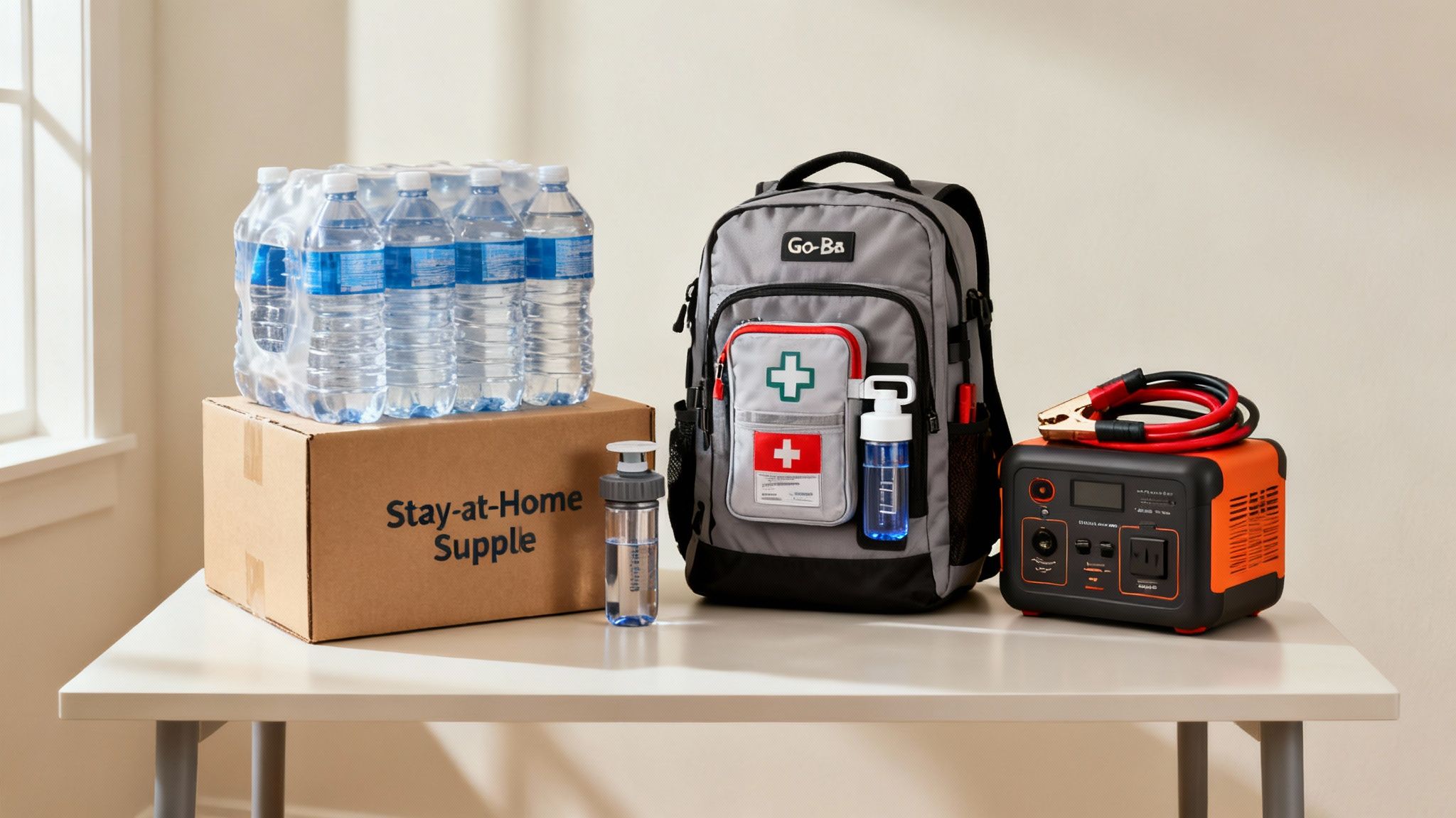 Disaster readiness setup featuring bottled water, a gray survival backpack, and an orange power station.
