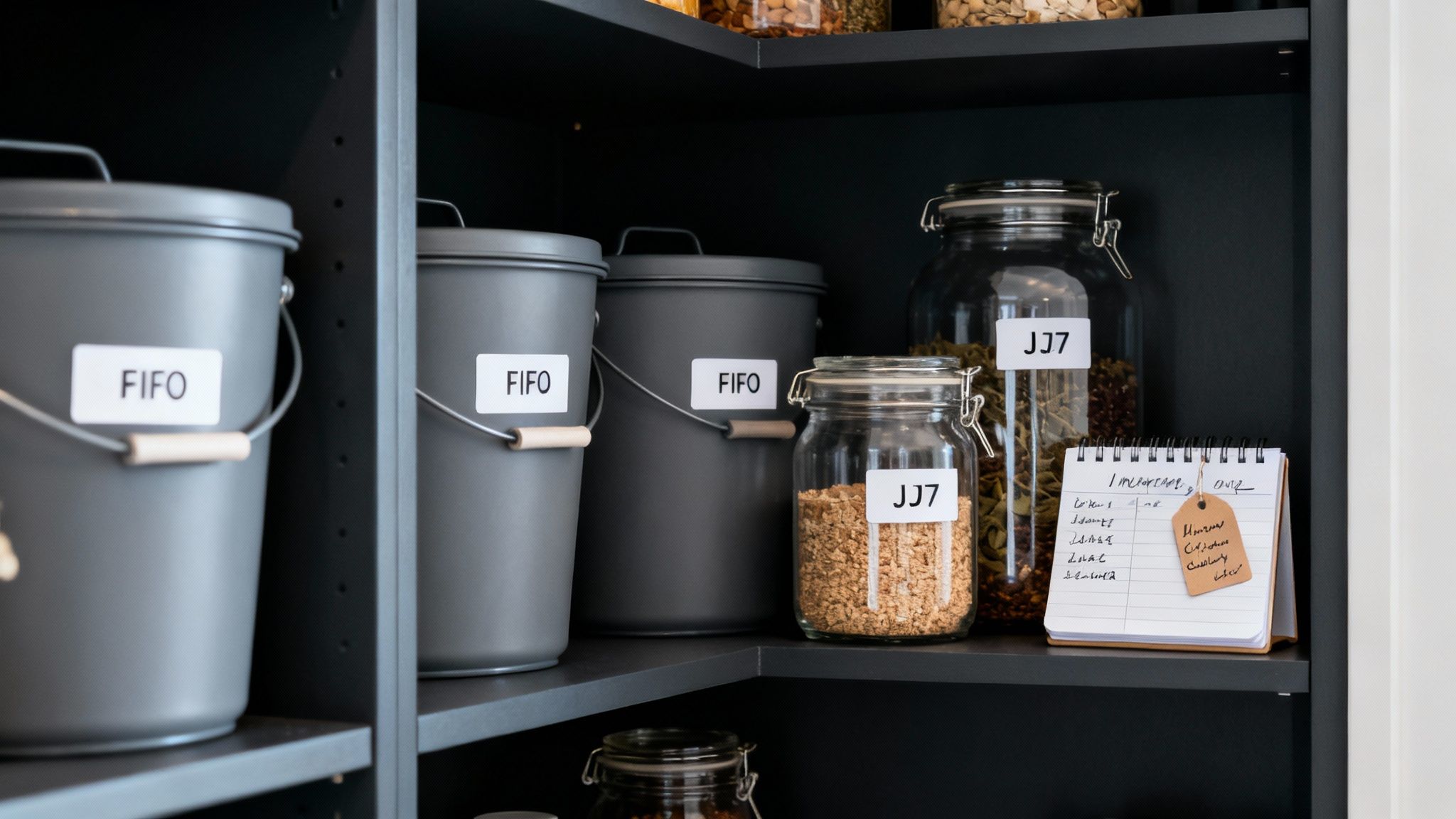 Organized pantry shelf with gray FIFO buckets, glass jars of food, and a notebook.