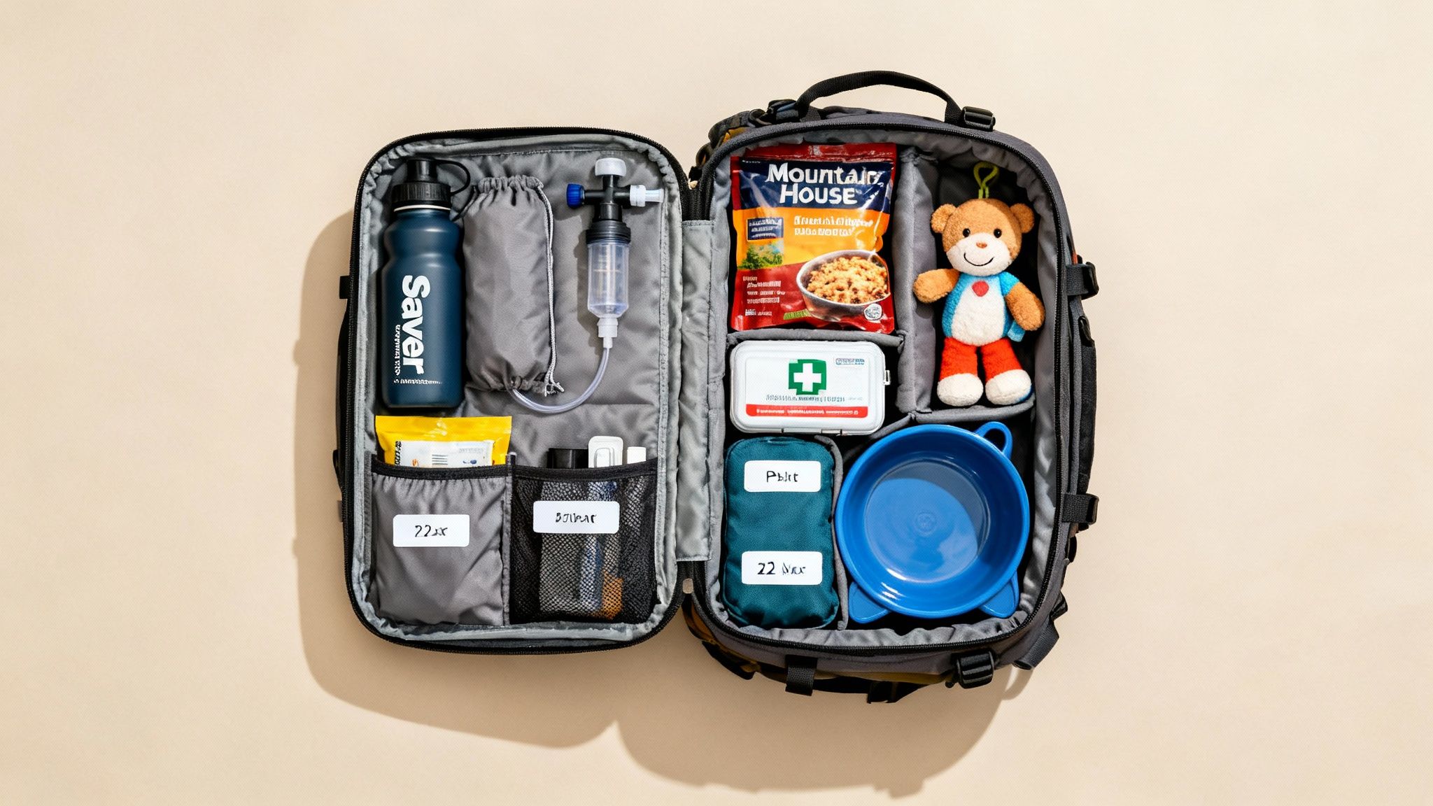 An open emergency survival backpack showing essential items like a water bottle, food, first aid, and a teddy bear, all neatly organized.