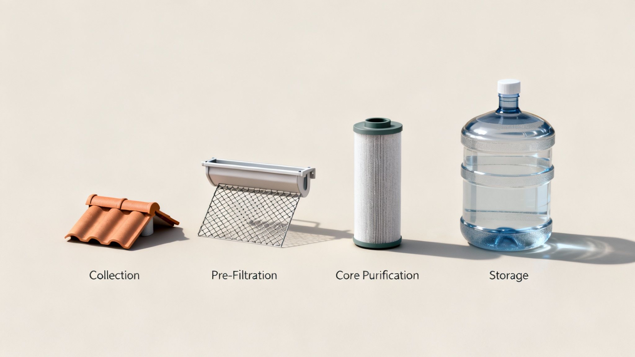 A visual guide illustrating the four-step process of collecting, pre-filtering, purifying, and storing rainwater for drinking.
