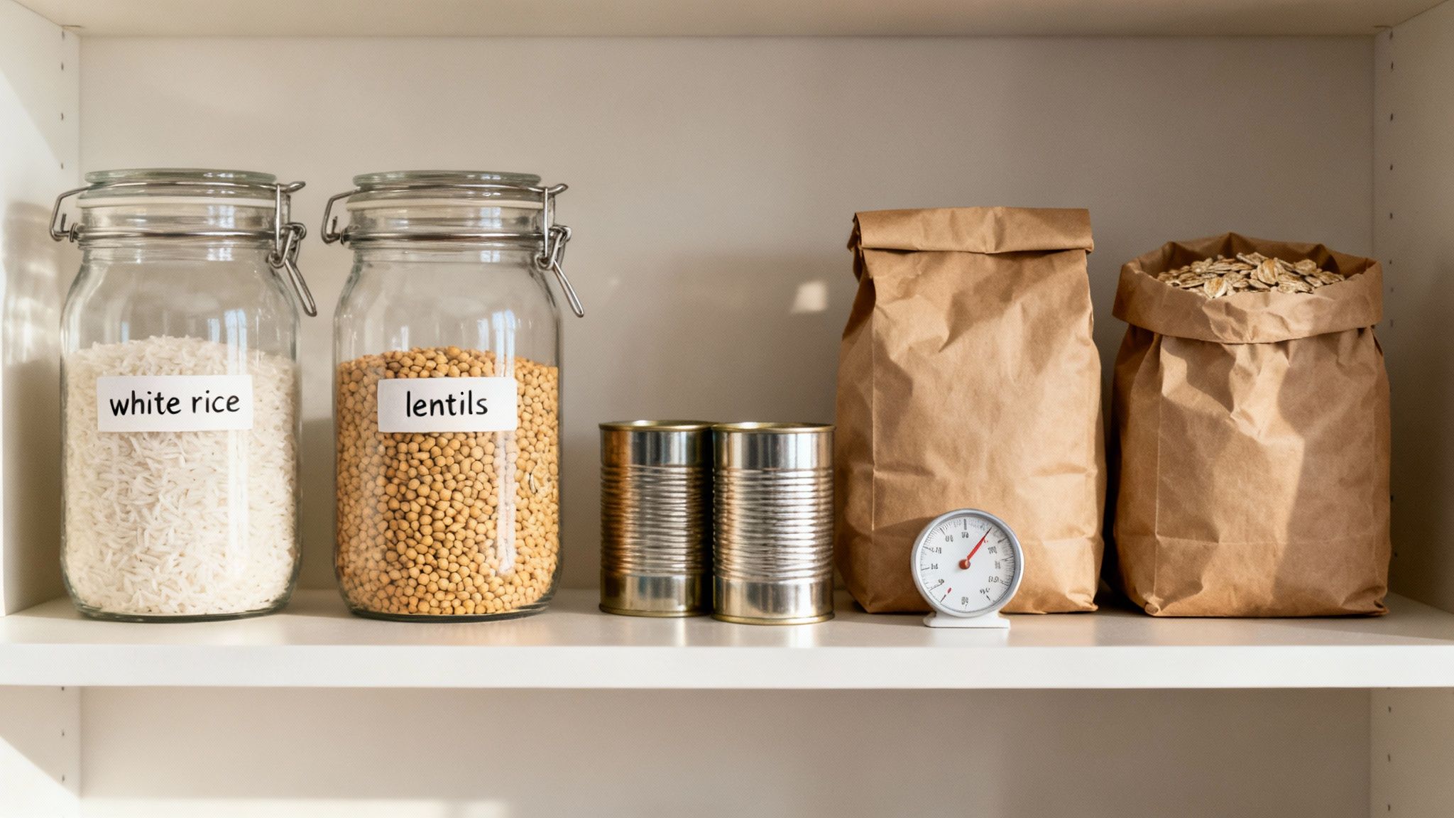 A neatly organized pantry shelf displays jars of rice and lentils, canned goods, and paper bags.