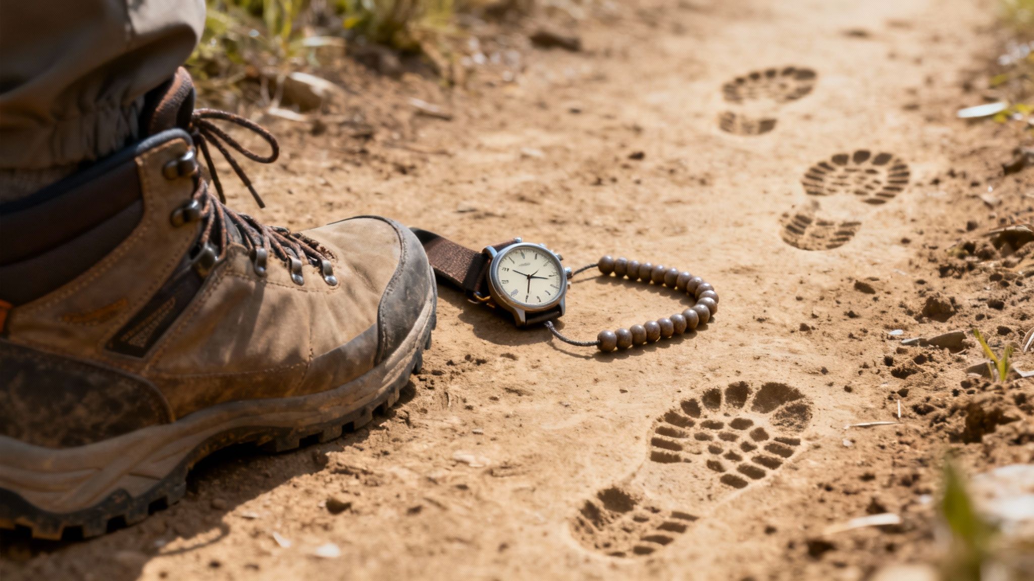 Close-up of a hiking boot, wristwatch, and prayer beads on a dirt path with boot prints.
