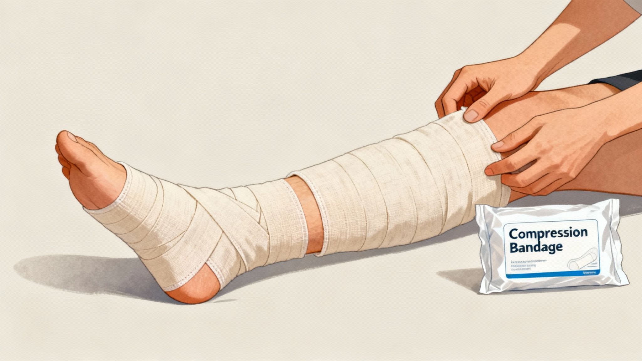 A person's hands carefully apply a white compression bandage around their lower leg.