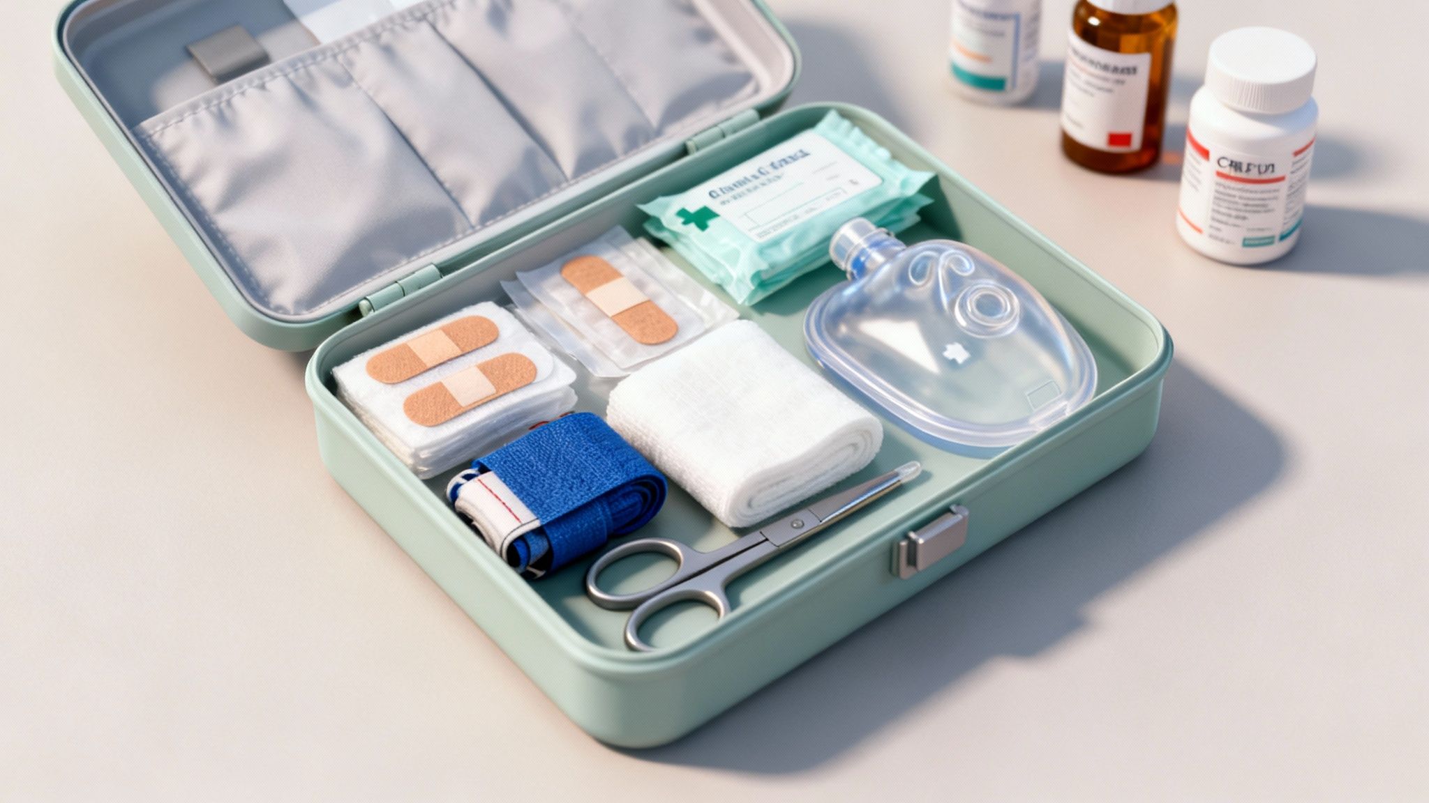 An open light green first aid kit filled with essential medical supplies, including bandages, gauze, scissors, and a resuscitation mask, on a light surface.