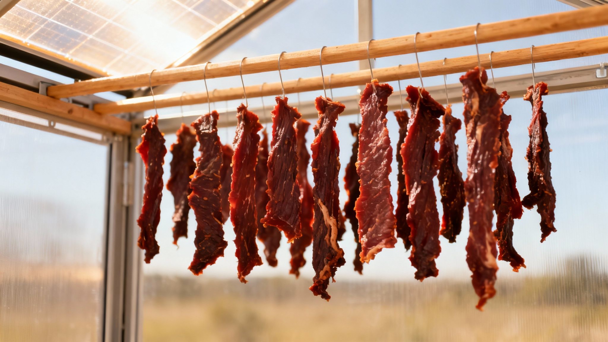 Thin strips of red meat are hung on metal hooks from a wooden rod inside a solar dryer.