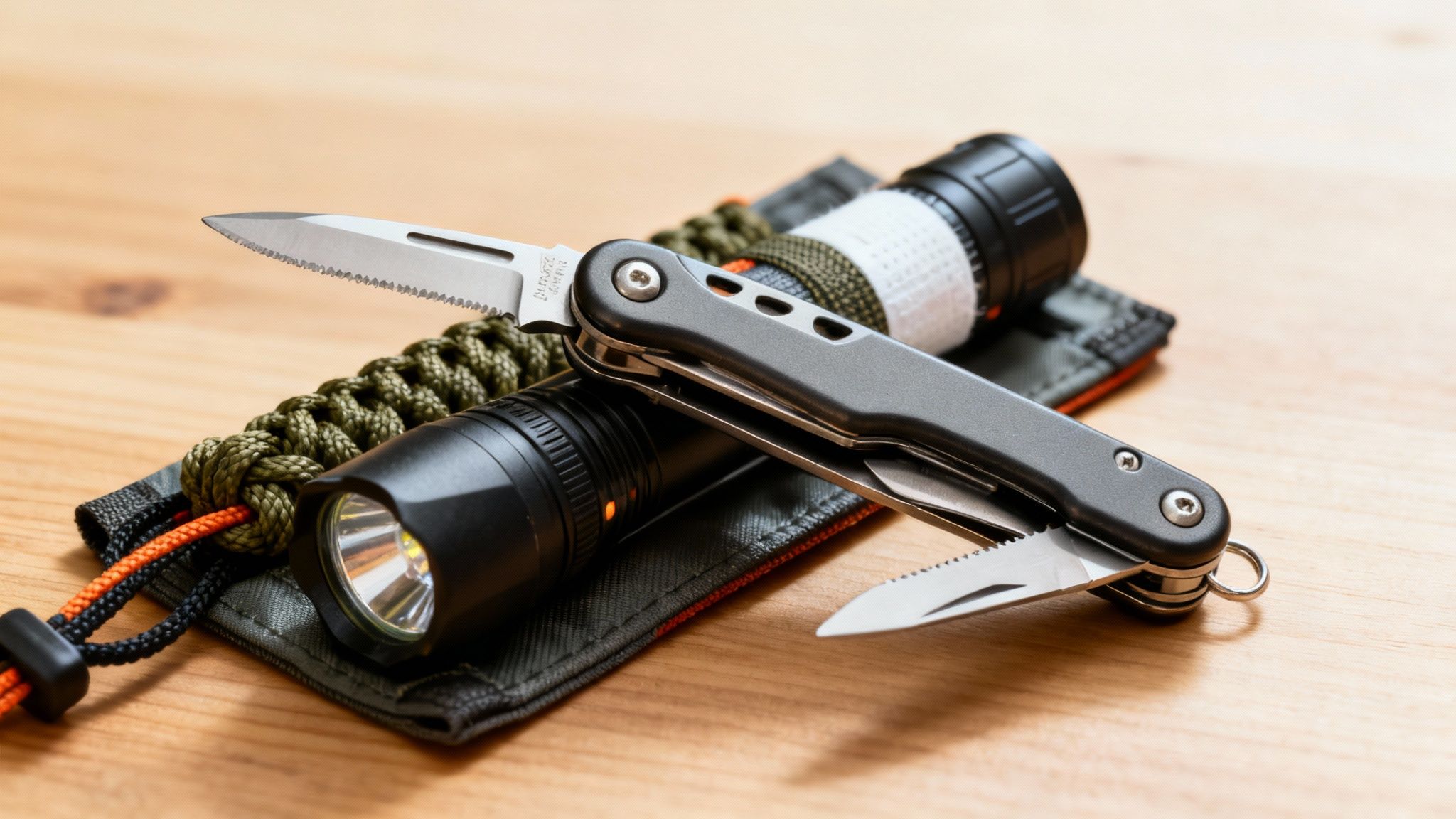 A black flashlight, dark grey multi-tool, and green paracord bracelet on a wooden table.