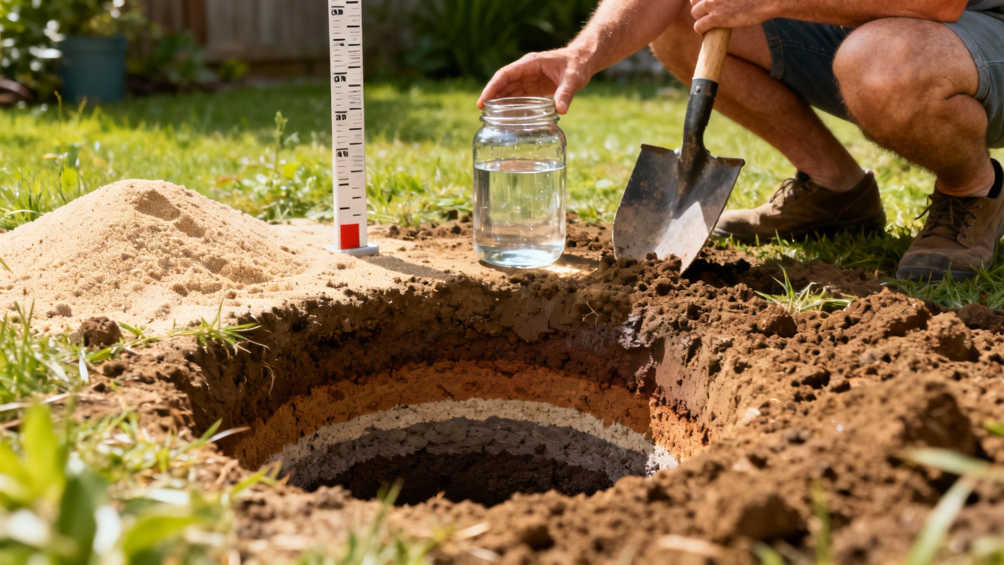 A person digs a pit in a garden, revealing distinct soil layers with a measuring stick and water jar.