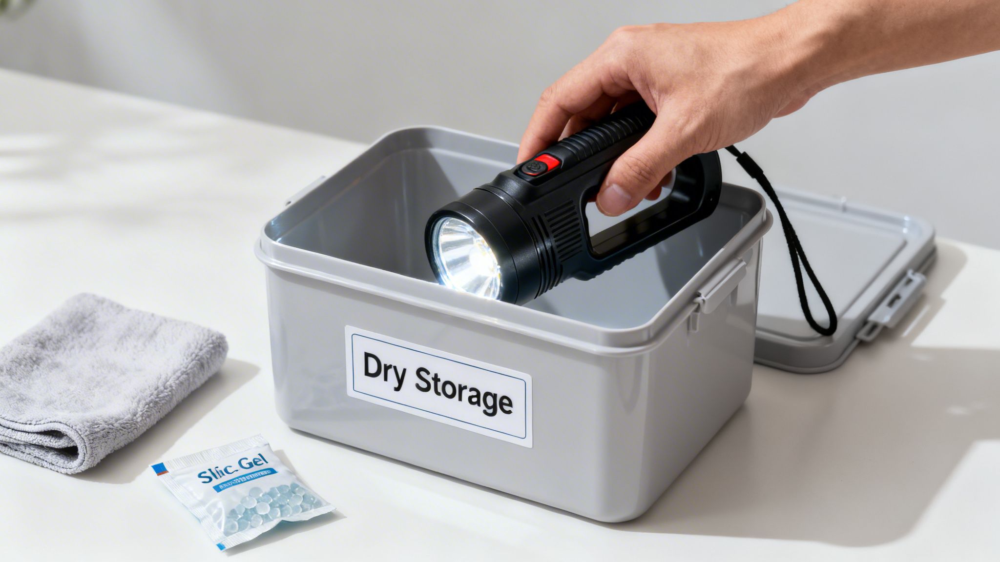 A hand places a bright black flashlight into a gray 'Dry Storage' container with silica gel.