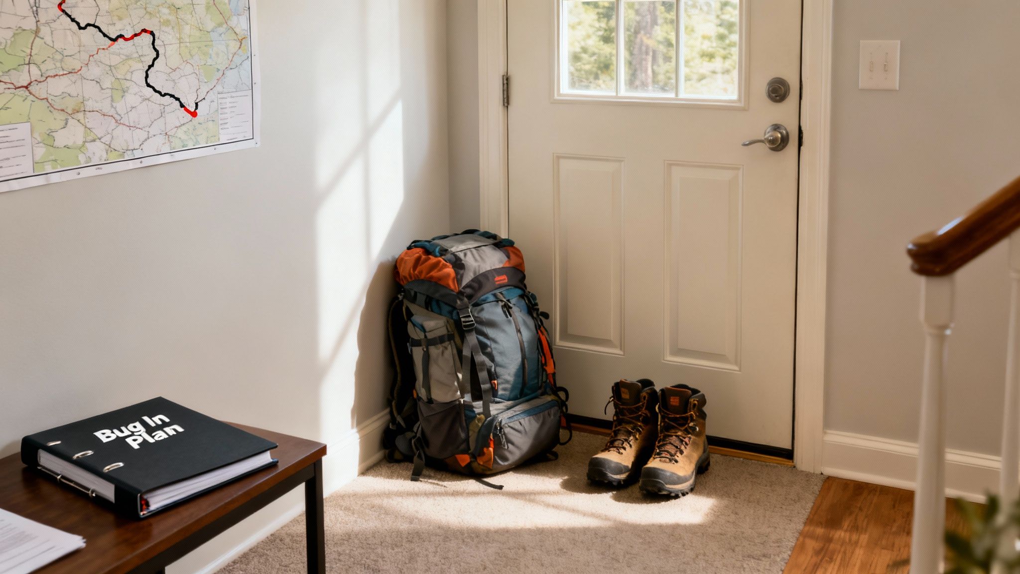 A fully packed backpack and hiking boots ready by a door, with a map and a 'Bug In Plan' binder.
