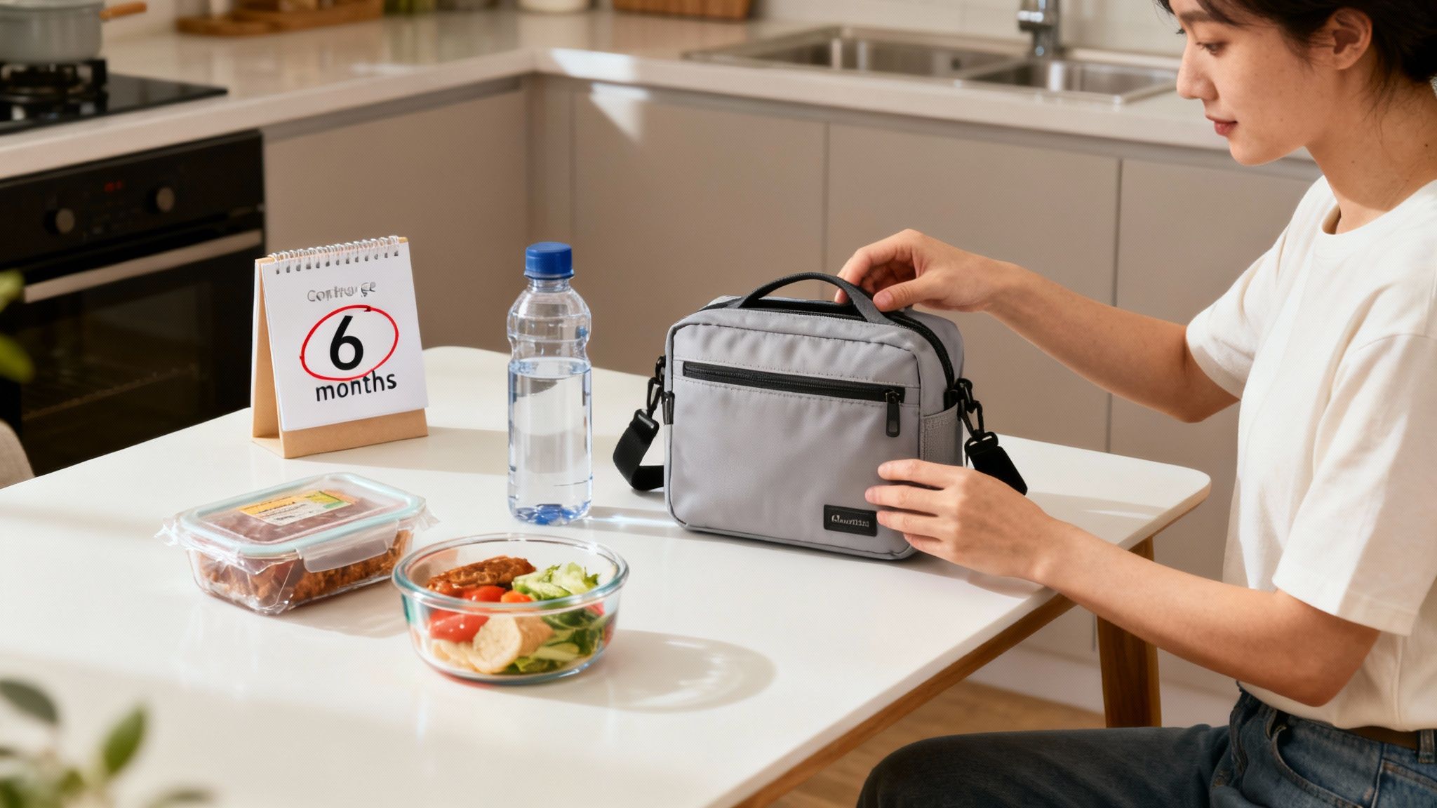 A woman packing a grey lunch bag with healthy food and water in a bright kitchen.