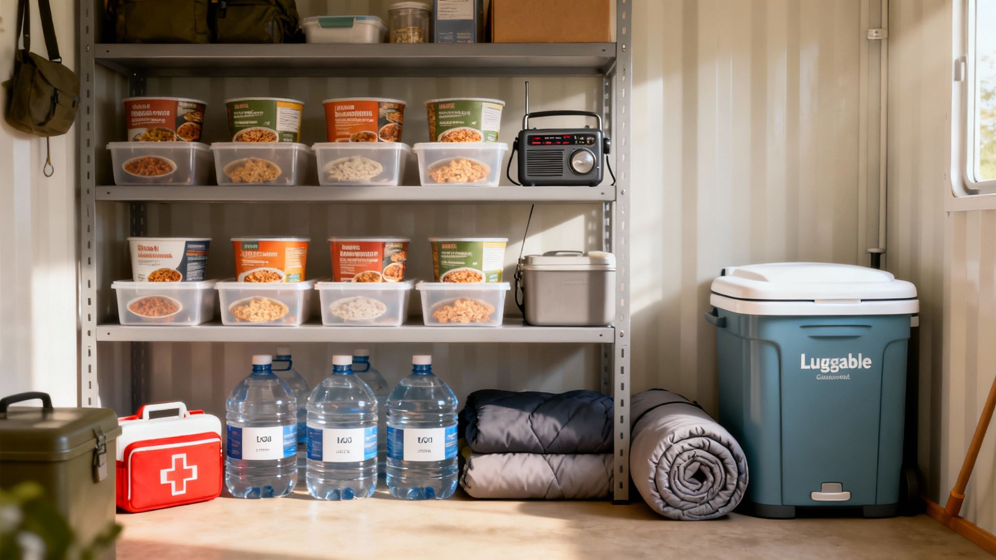 A well-organized emergency shelter stocked with food, water, blankets, a first aid kit, and a portable toilet.