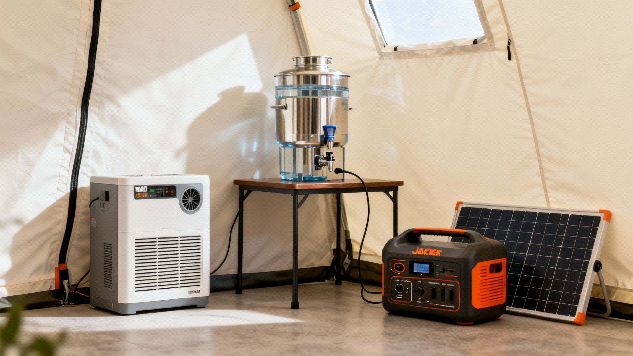 Portable camping setup inside a tent with a cooler, water dispenser, power station, and solar panel.