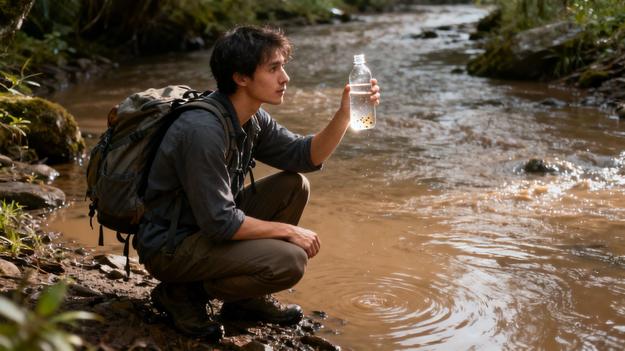 A young male hiker kneels by a muddy river, holding a bottle of visibly contaminated water, inspecting it.