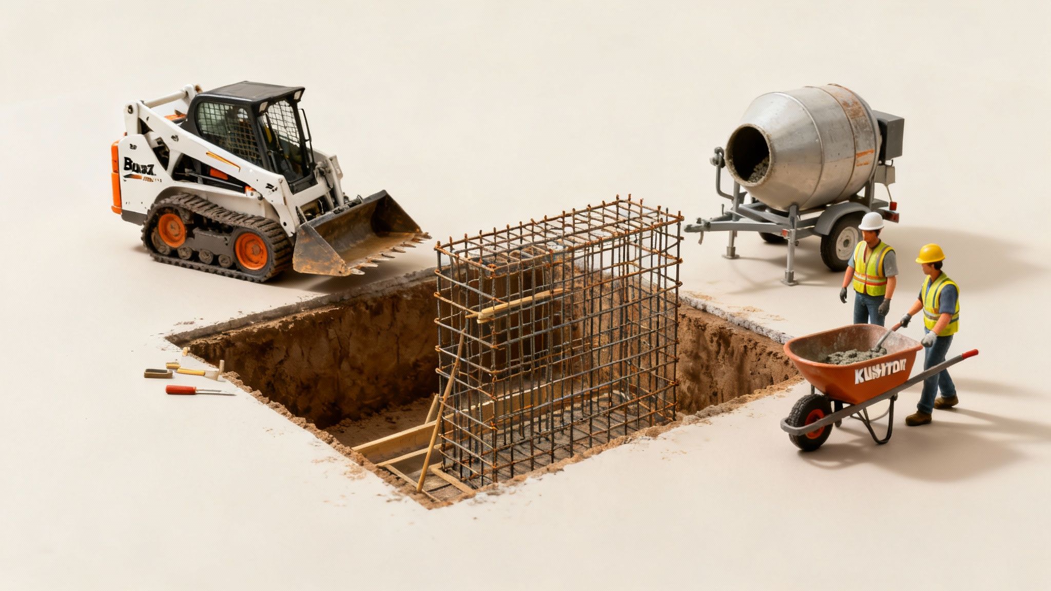 Miniature construction site with excavator, rebar, concrete mixer, and two workers.