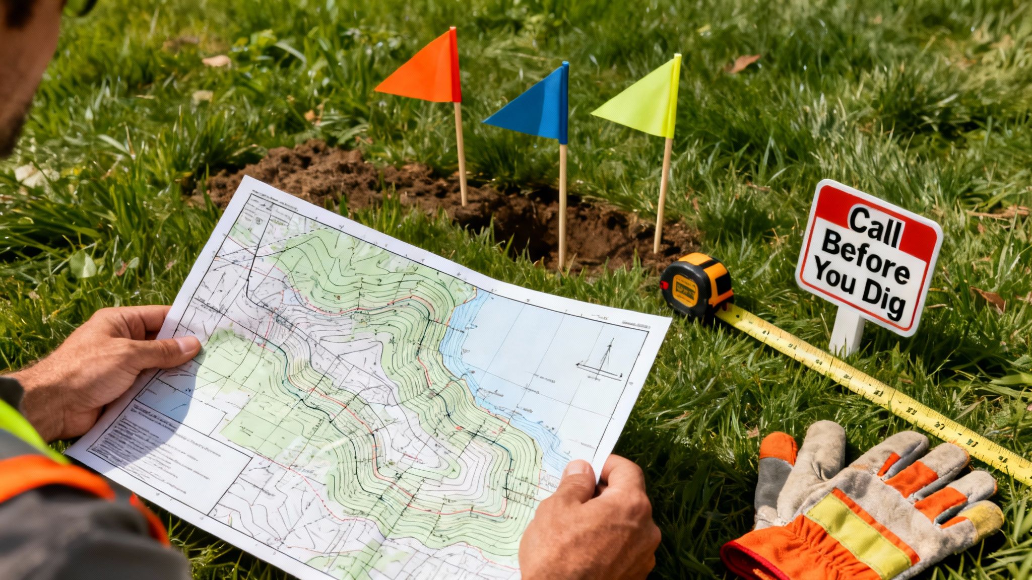 A worker reviews a topographic map with marked flags and a 'Call Before You Dig' sign.