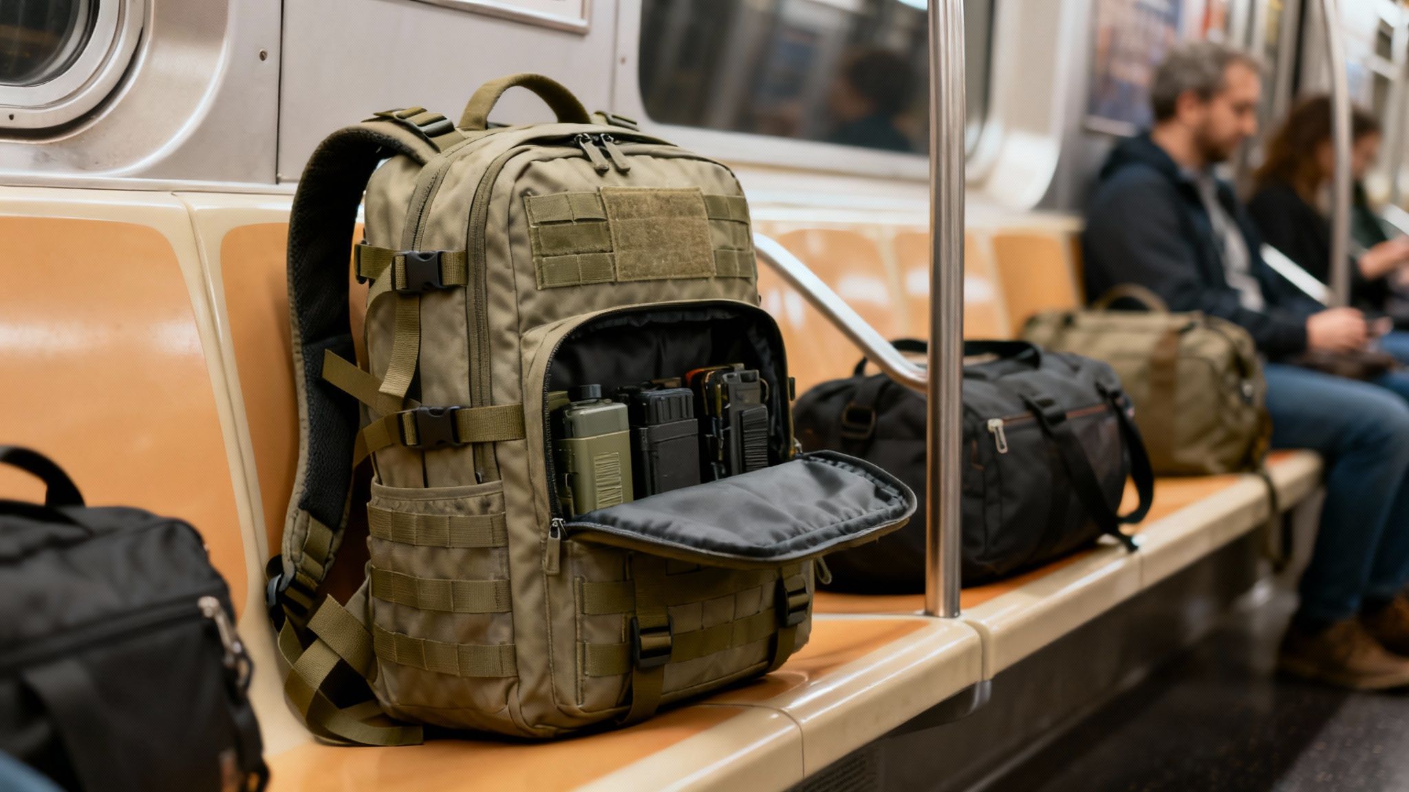 A tactical get home bag filled with survival gear sits on a subway train seat.