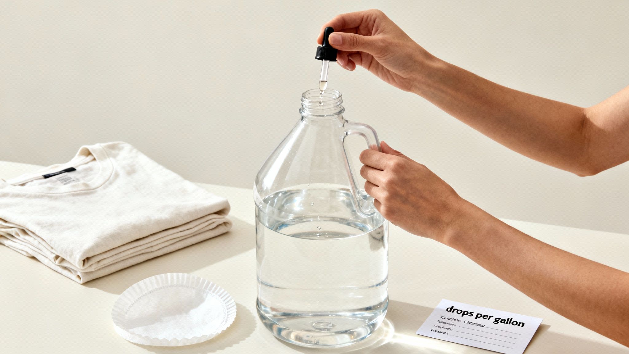 Hands add drops from a dropper to a clear bottle of water, near clothes and a 'drops per gallon' guide.