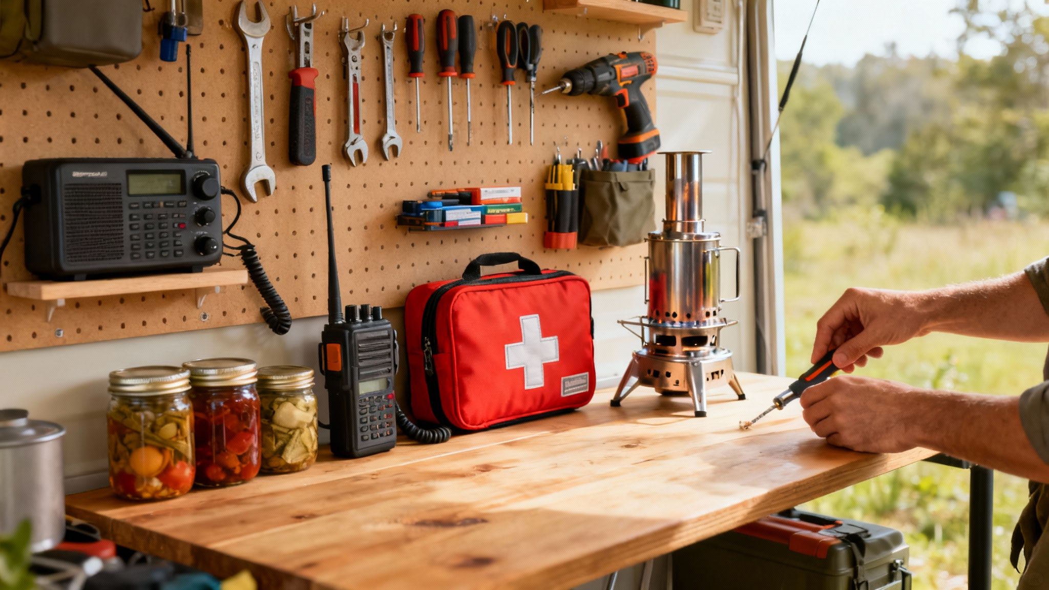 Well-equipped mobile workbench featuring tools, radio, first aid kit, and jars of food.