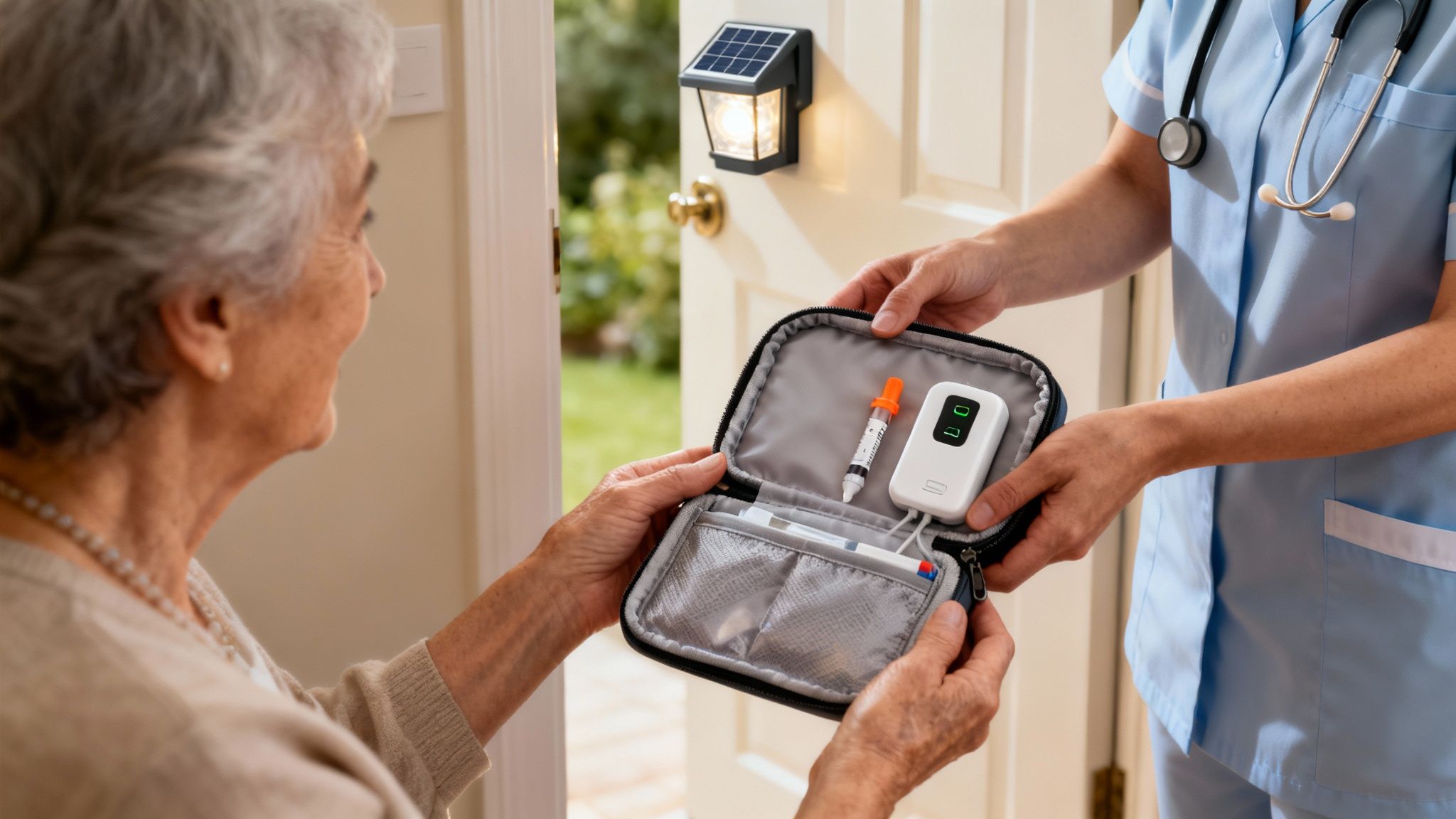 A nurse hands a medical kit with diabetes supplies to an elderly woman at her door.