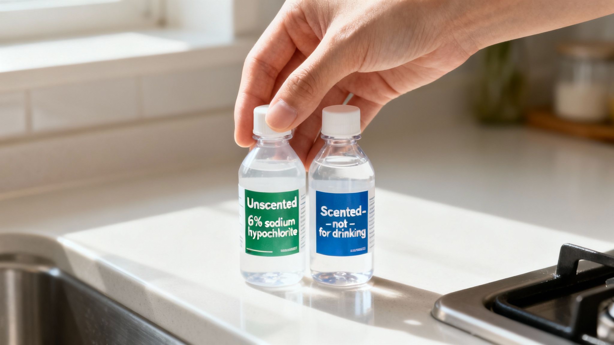 A hand holds two small bottles, one labeled unscented sodium hypochlorite, the other scented but not for drinking.