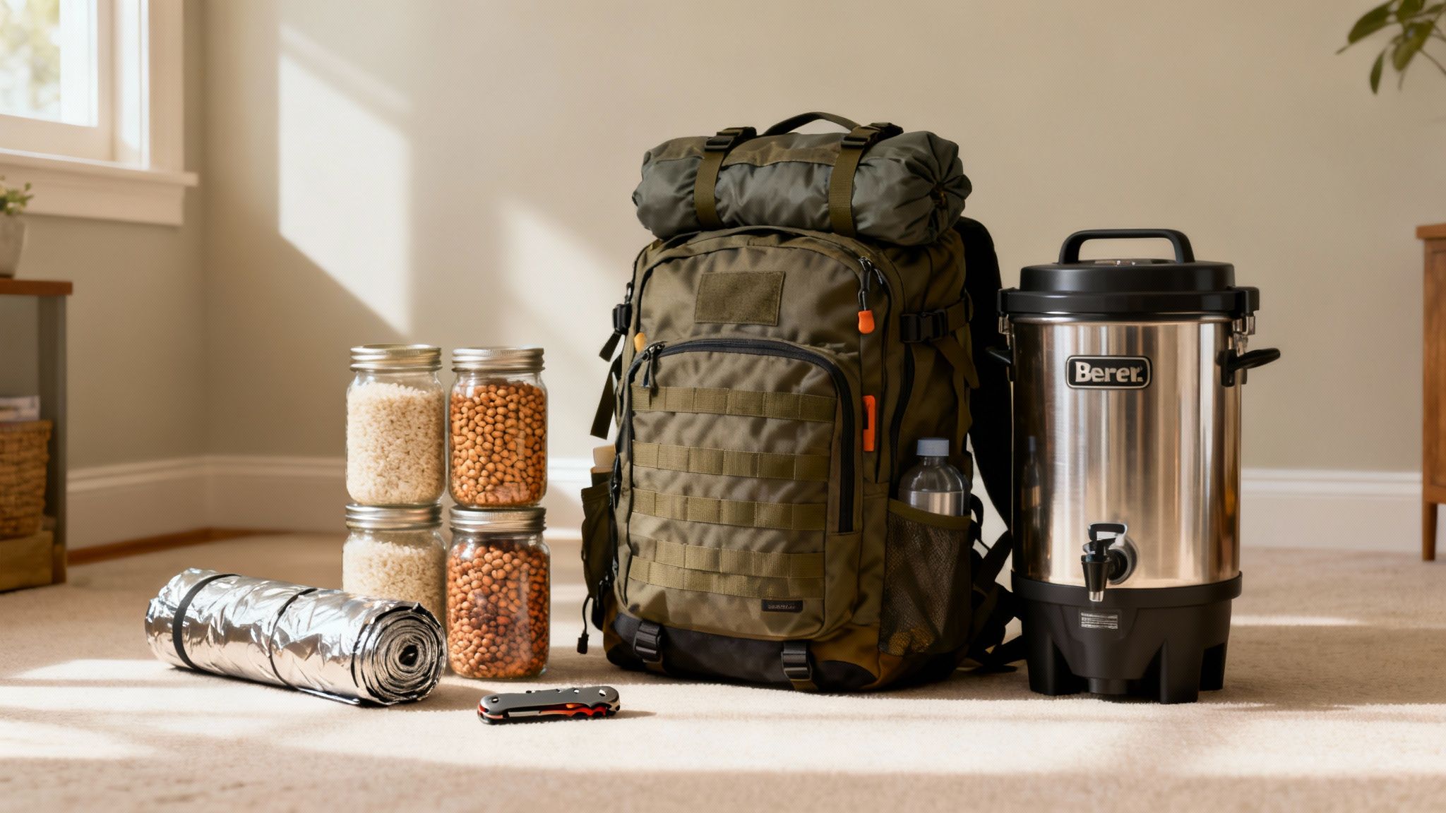 A large green backpack, jars of food, emergency blanket, and water urn for disaster preparedness.