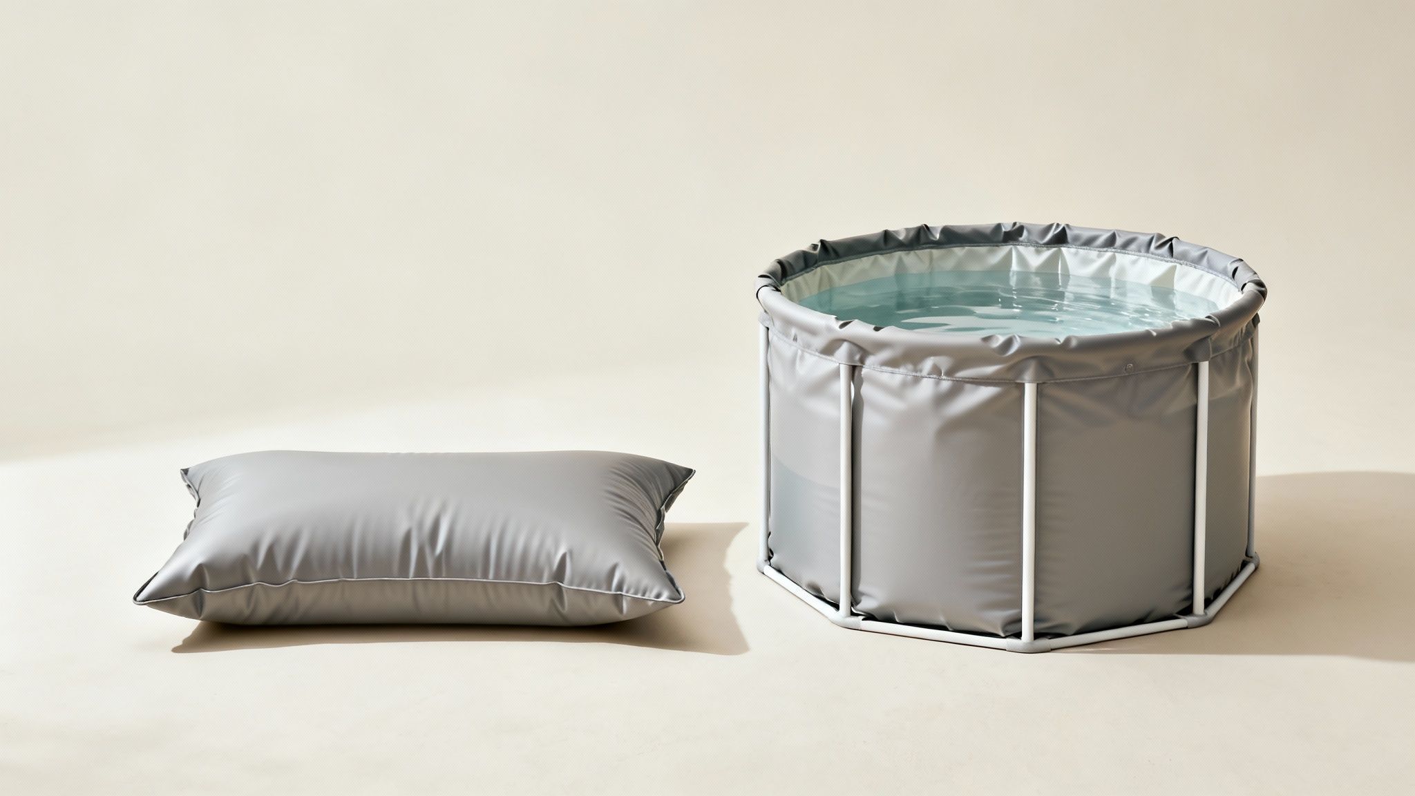 A grey collapsible water tank filled with water, next to a matching grey pillow on a light background.