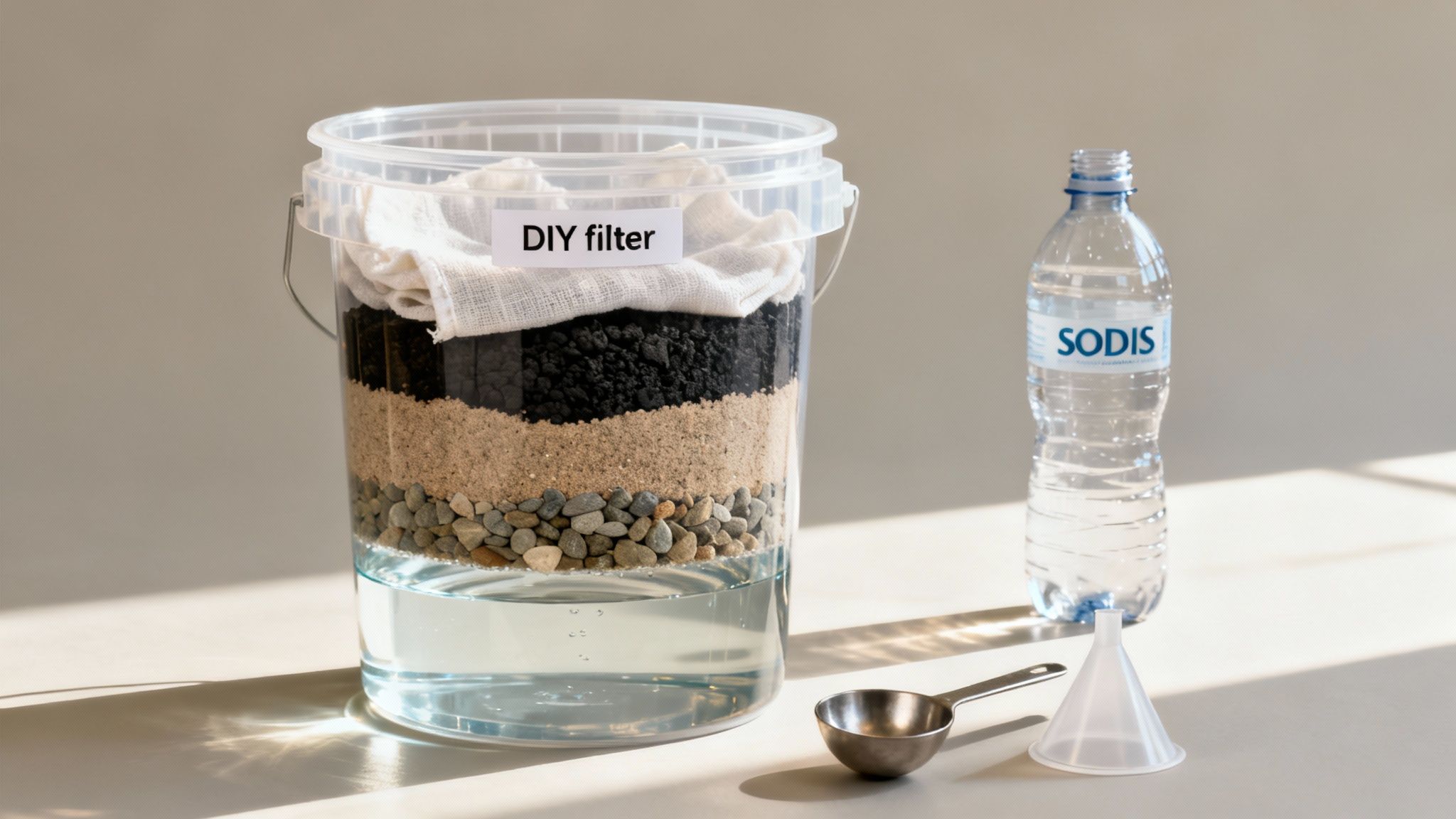 A transparent DIY water filter bucket with layers of cloth, charcoal, sand, and pebbles, next to a SODIS water bottle.