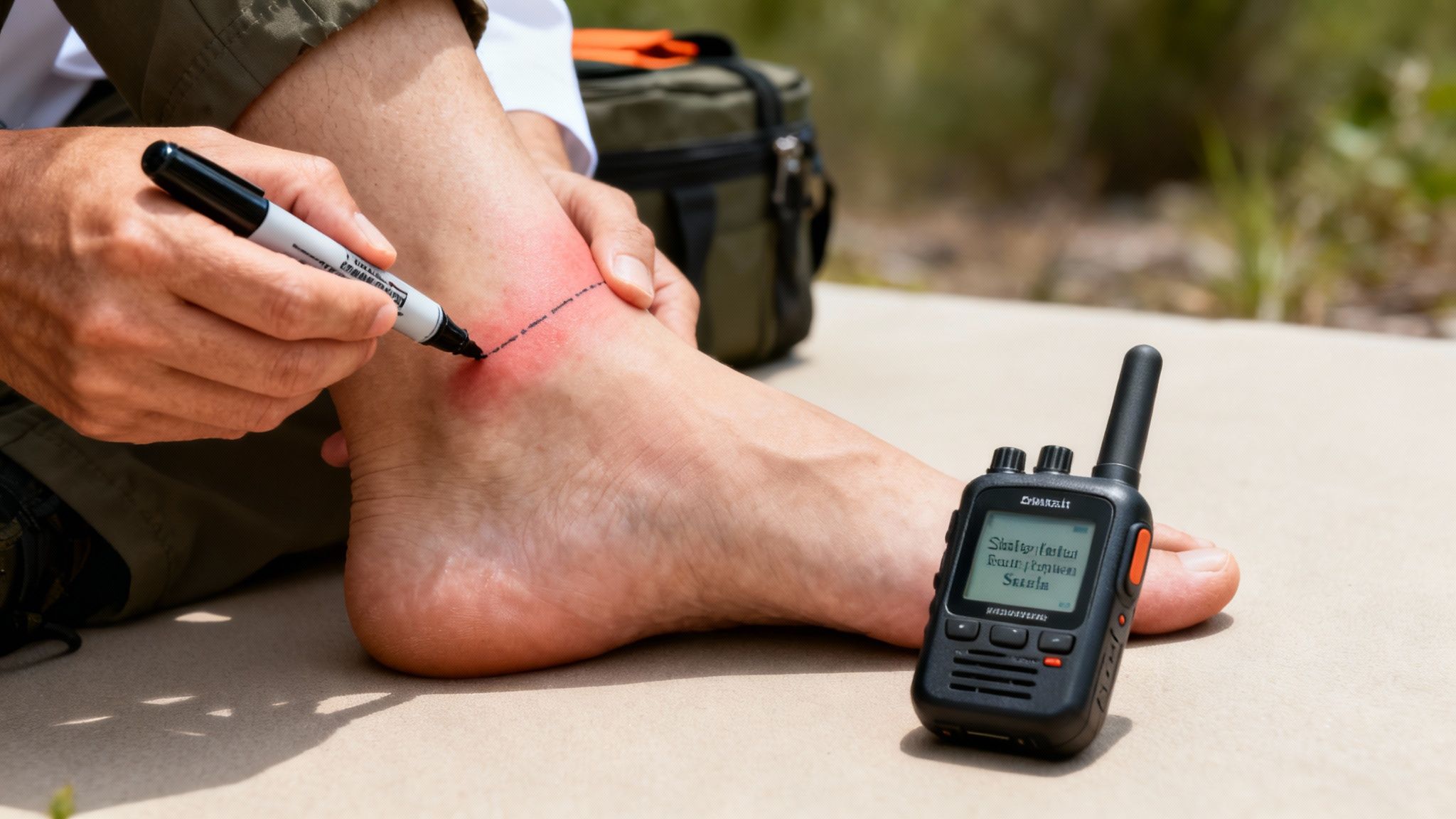 A person's hand uses a black marker to draw a line around a red bite on their ankle.