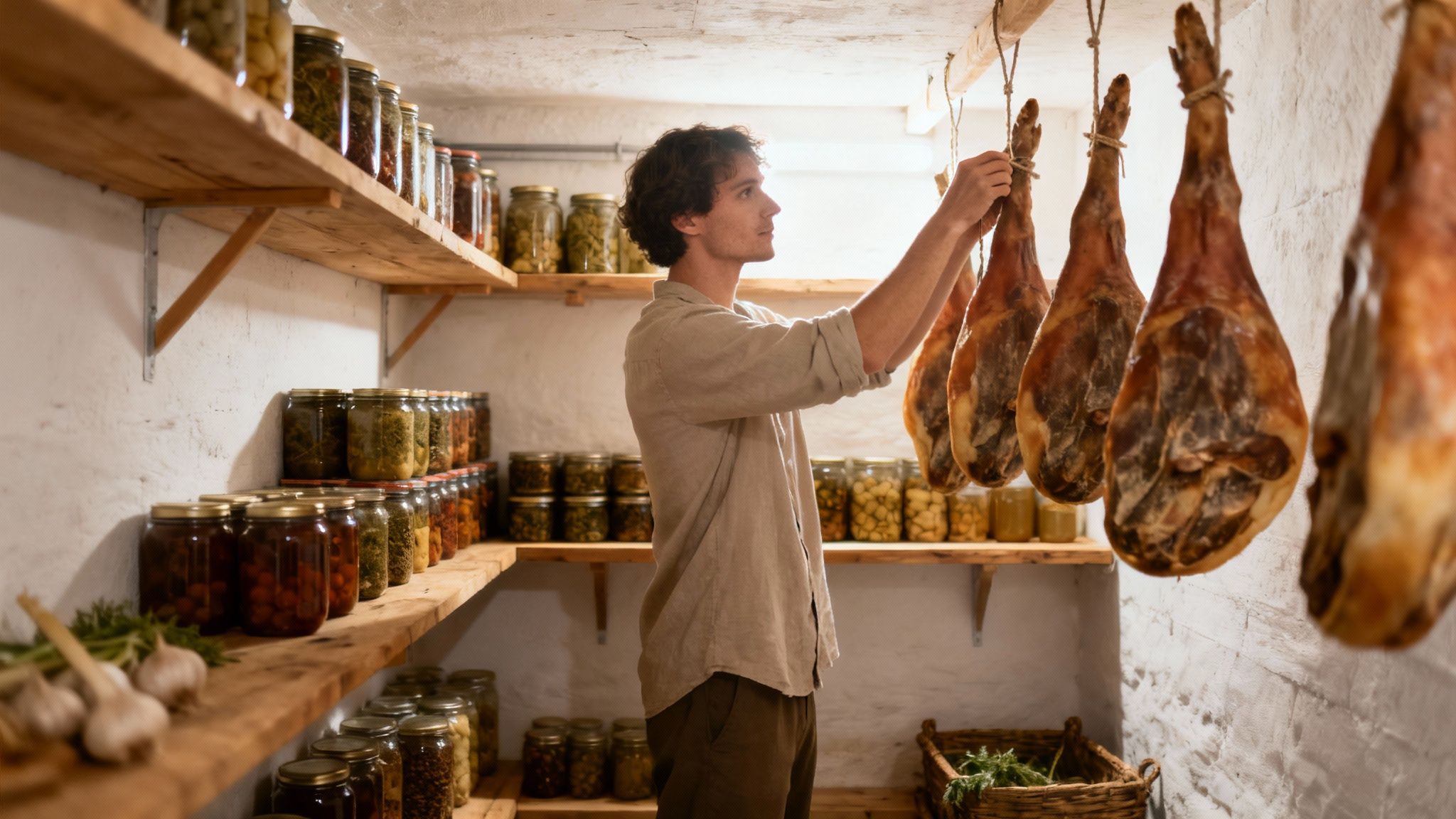 A man hangs cured hams in a traditional food cellar with shelves of preserved jars.