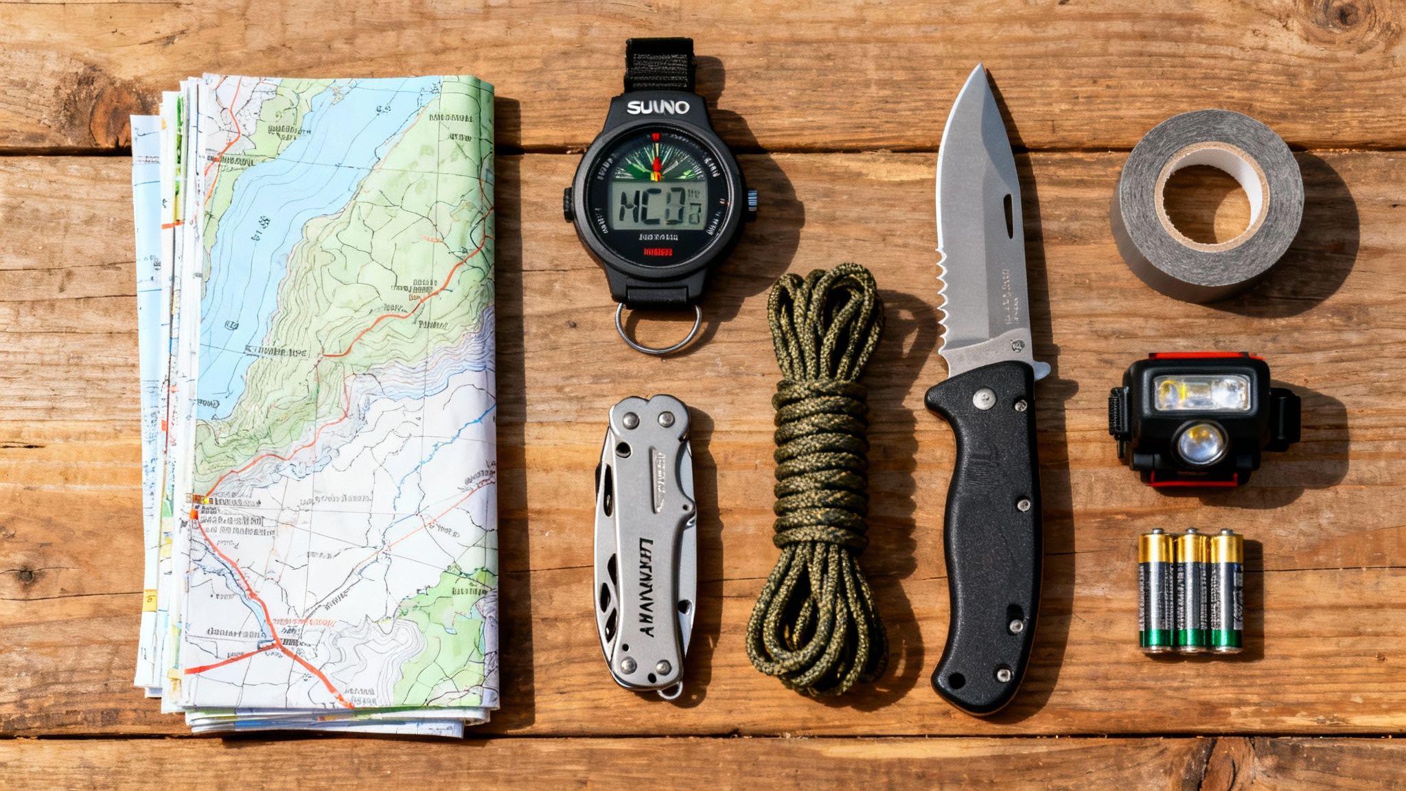 Flat lay of essential bug out bag items on a wooden table, including a map, knife, and headlamp.