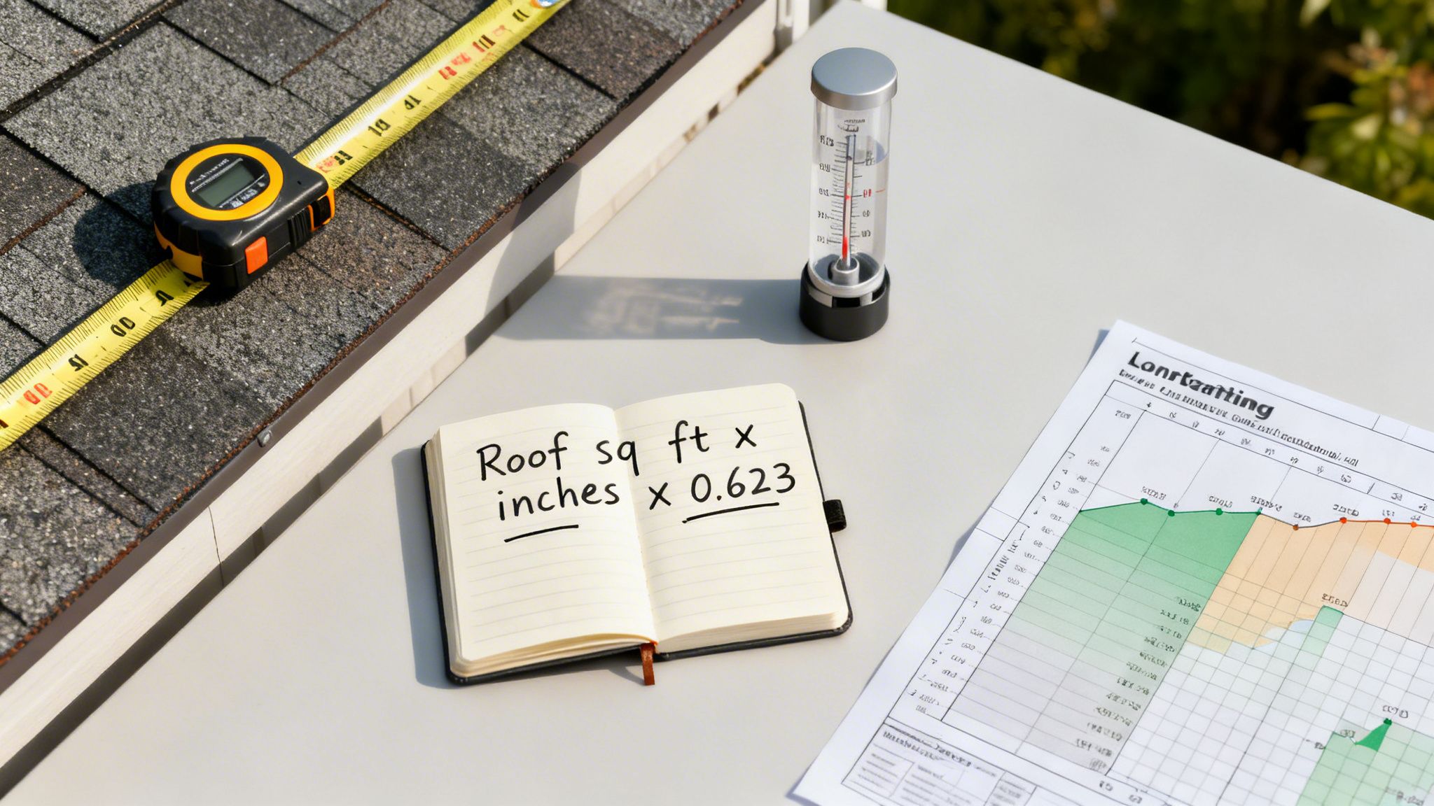 Tools for measuring and calculating rainwater collection on a model roof, including a tape measure, rain gauge, and notebook.
