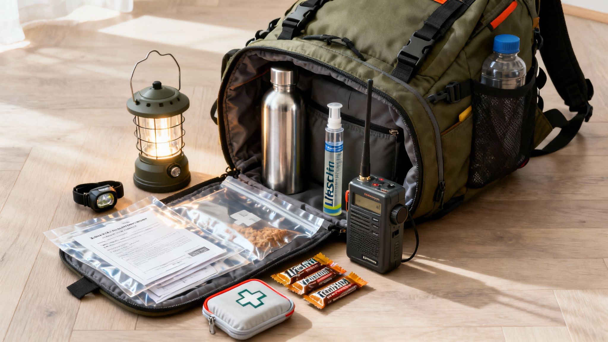 Emergency preparedness kit with a backpack, lantern, first aid, food, and communication devices.