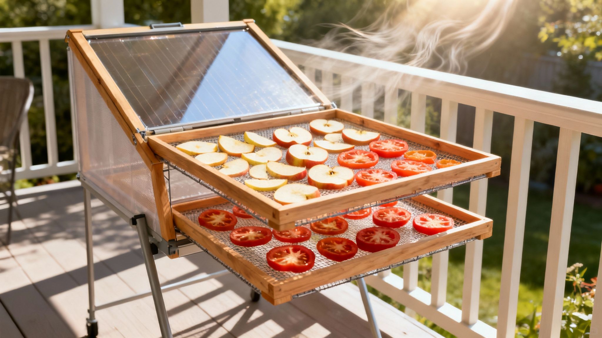 A solar food dehydrator on a sunny porch, drying sliced apples and tomatoes.